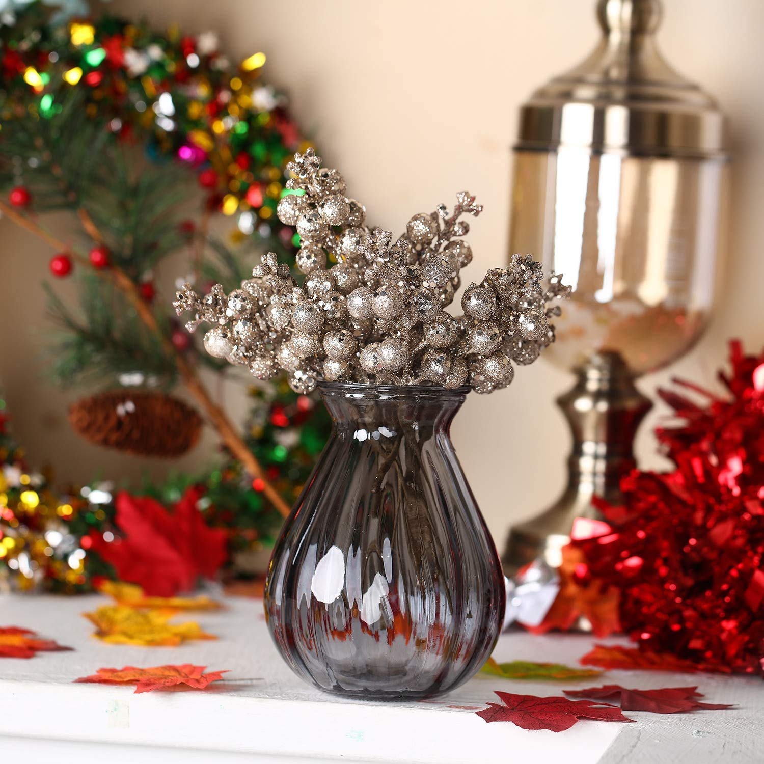 20 Pcs 7.8 Inch Glitter Rose Gold Berry Stems - Artificial Christmas Tree Picks Decorations | DIY Xmas Wreath & Holiday Home Decor for Christmas Tree, Mantel, Centerpieces & Gift Wrapping (Rose Gold)