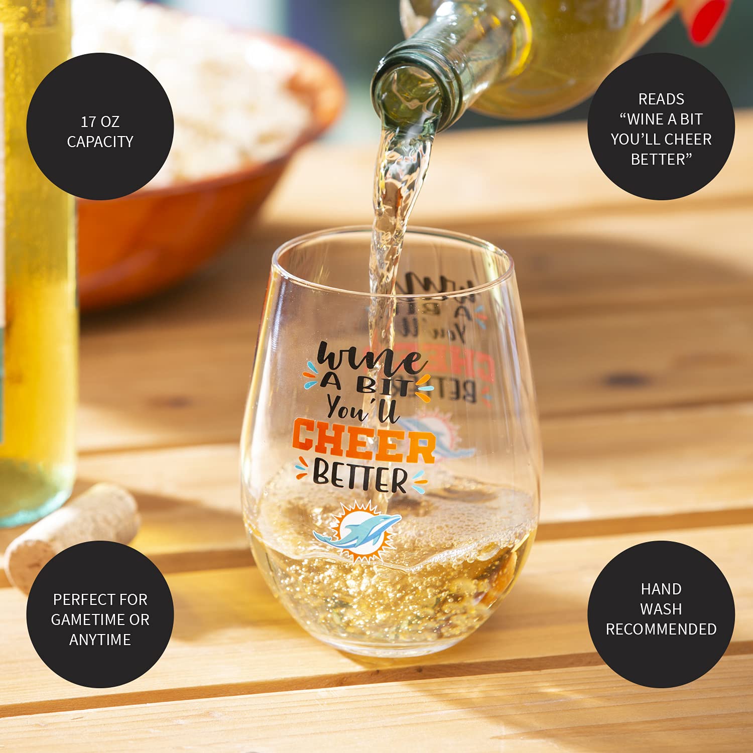 Miami Dolphins 17oz Stemless Wine Glass - Officially Licensed NFL Team Sports America Merchandise - Perfect for Game Day Parties, Tailgating, and Football Fan Gifts