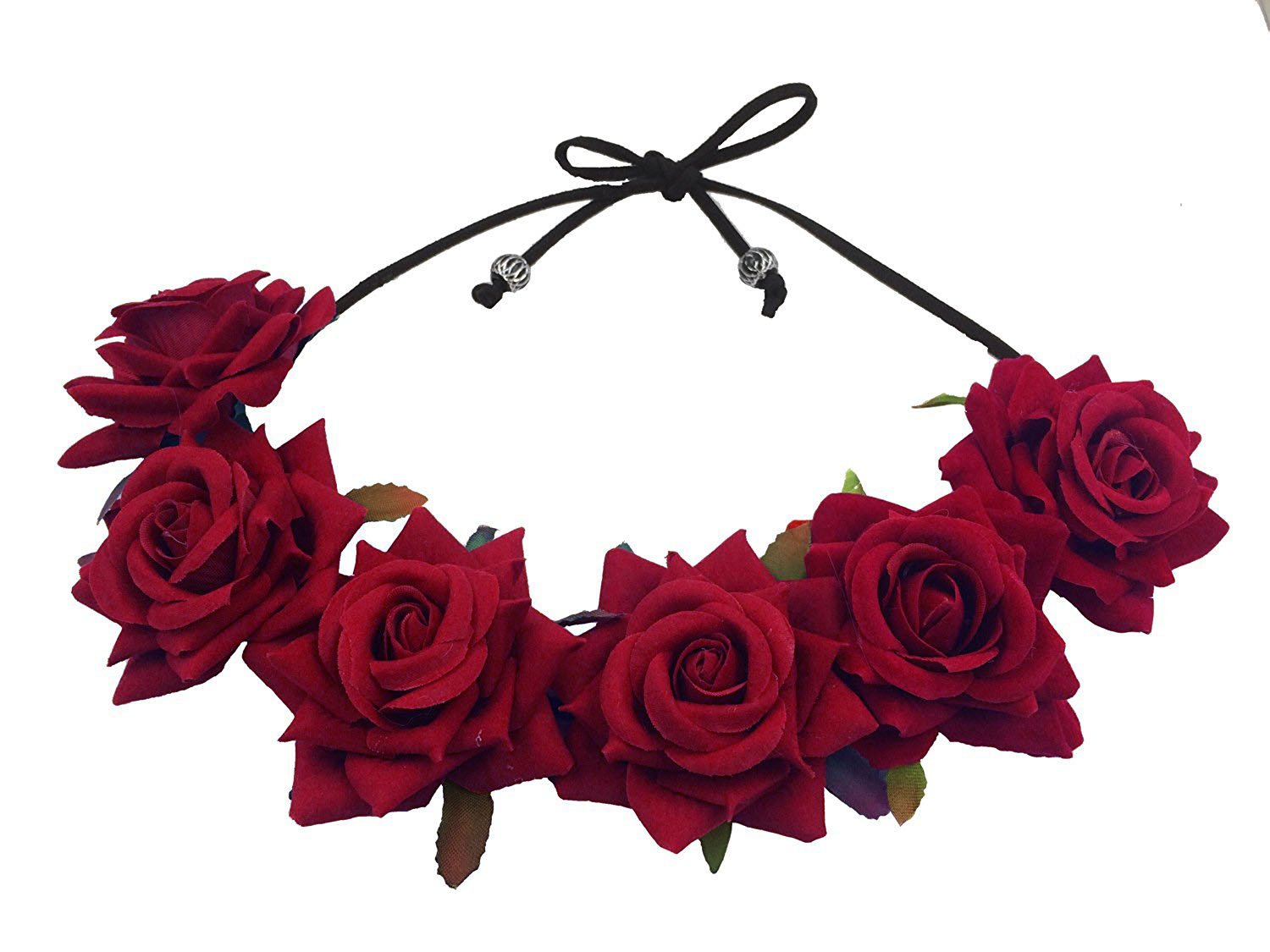 Floral Fall Rose Red Flower Crown - Woodland Hair Wreath for Festival, Wedding, Boho Headband (Style F-67) | Perfect for Renaissance Fairs, Music Festivals & Photo Shoots