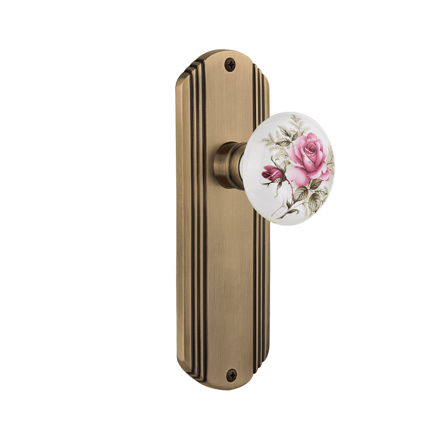 Antique Brass White Rose Porcelain Knob Decorative Long Plate - Vintage Cabinet Pull for Kitchen, Bathroom & Furniture Hardware Upgrade