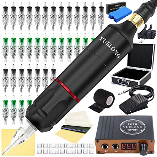 Yuelong Pro Complete Tattoo Pen Kit - 80pcs Disposable Cartridges, Power Supply & Fake Skin Practice Case | Professional Tattoo Machine Starter Set for Beginners & Artists | Home Studio & Travel Tattooing