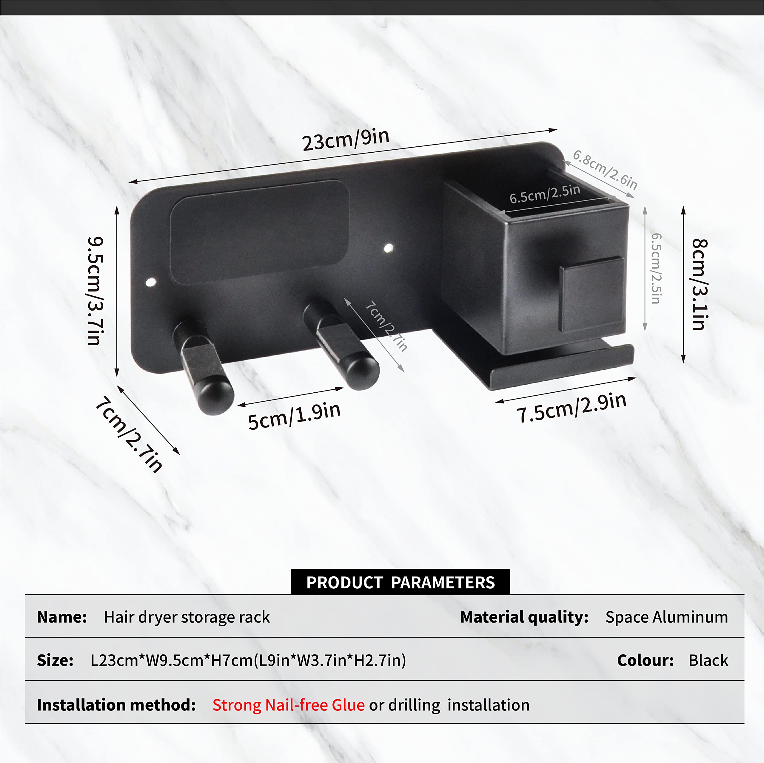 Wall Mounted Hair Dryer Holder & Brush Organizer for Bathroom Storage