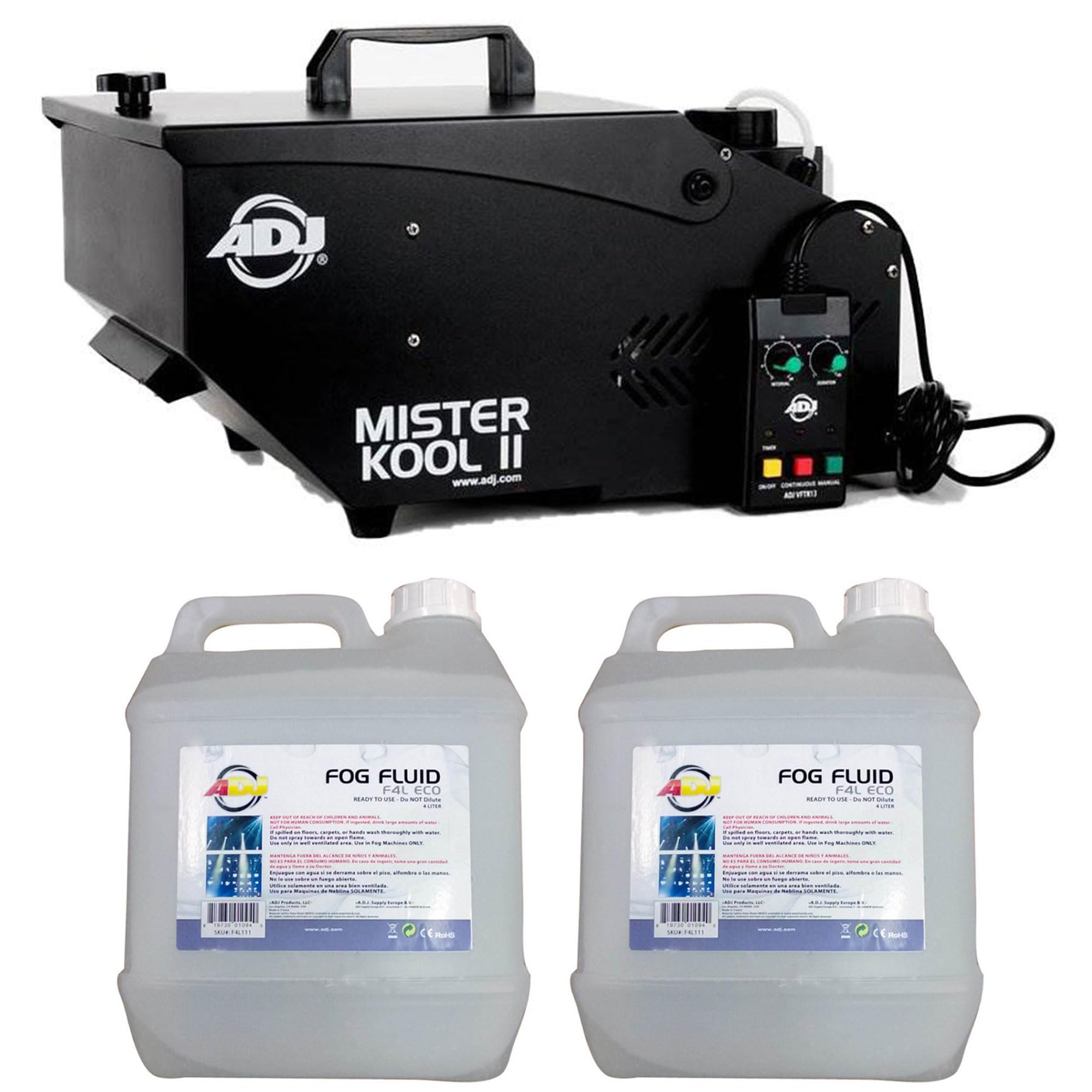 ADJ Low-Lying Water-Based Smoke Fog Machine with Remote Control - Black (2-Pack) & 4L (1 Gal) Fog Fluid for Special Effects - Perfect for Halloween Parties, Stage Performances, and DJ Events