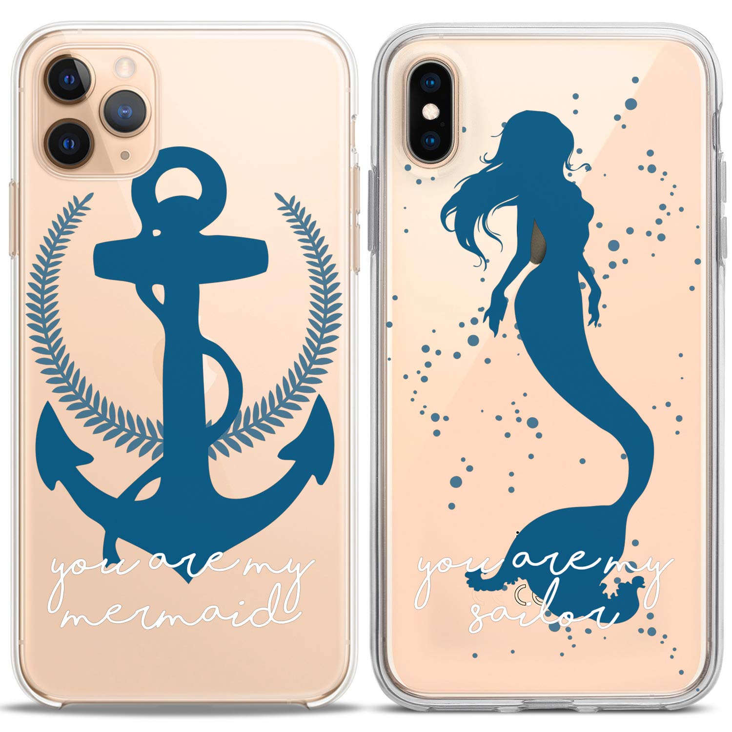 **Matching Couple Phone Cases for iPhone 16/15/14/13/12/11 Pro Max/Mini/XS/X/6s/8 Plus/7/Xr/10/SE/5 - Blue Mermaid Anchor Design - Cute Anniversary Gift for Girlfriend & Boyfriend - Soft Silicone Protective Cover - Perfect for Couples, Travel & Everyday Use**
