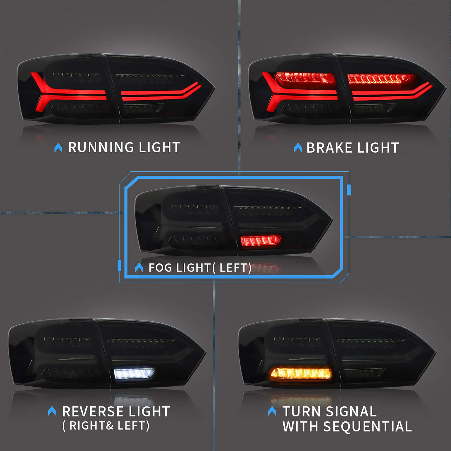 VLAND Full LED Tail Lights for VW Jetta 2011-2014 & Sagitar 2012-2014 (Excludes GLI & LED Models) - Sequential Turn Signal Smoke Tinted Rear Lamp Assembly with Left Fog Light | Upgrade for Night Driving & Enhanced Style