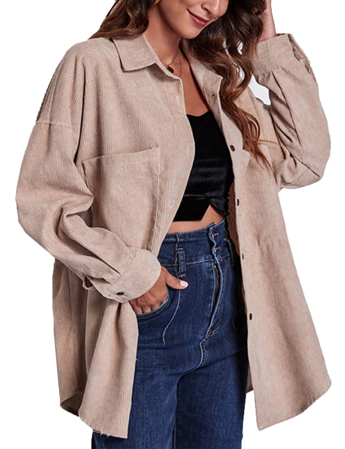 Women's Corduroy Button-Down Shirt - Long Sleeve Casual Oversized Top with Panel Design | Perfect for Fall Layering, Workwear & Everyday Outfits