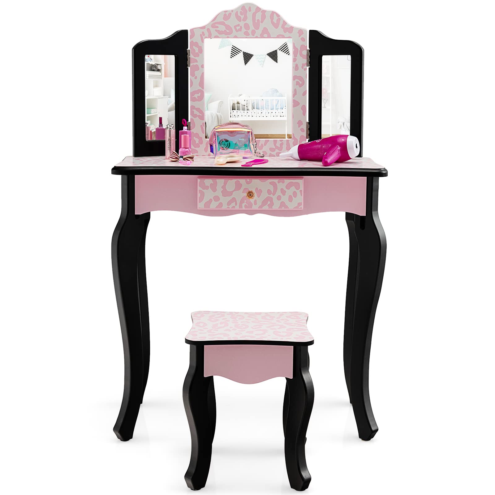 Honey Joy Kids Vanity Set with Mirror & Stool - Pink Leopard for Girls Bedroom