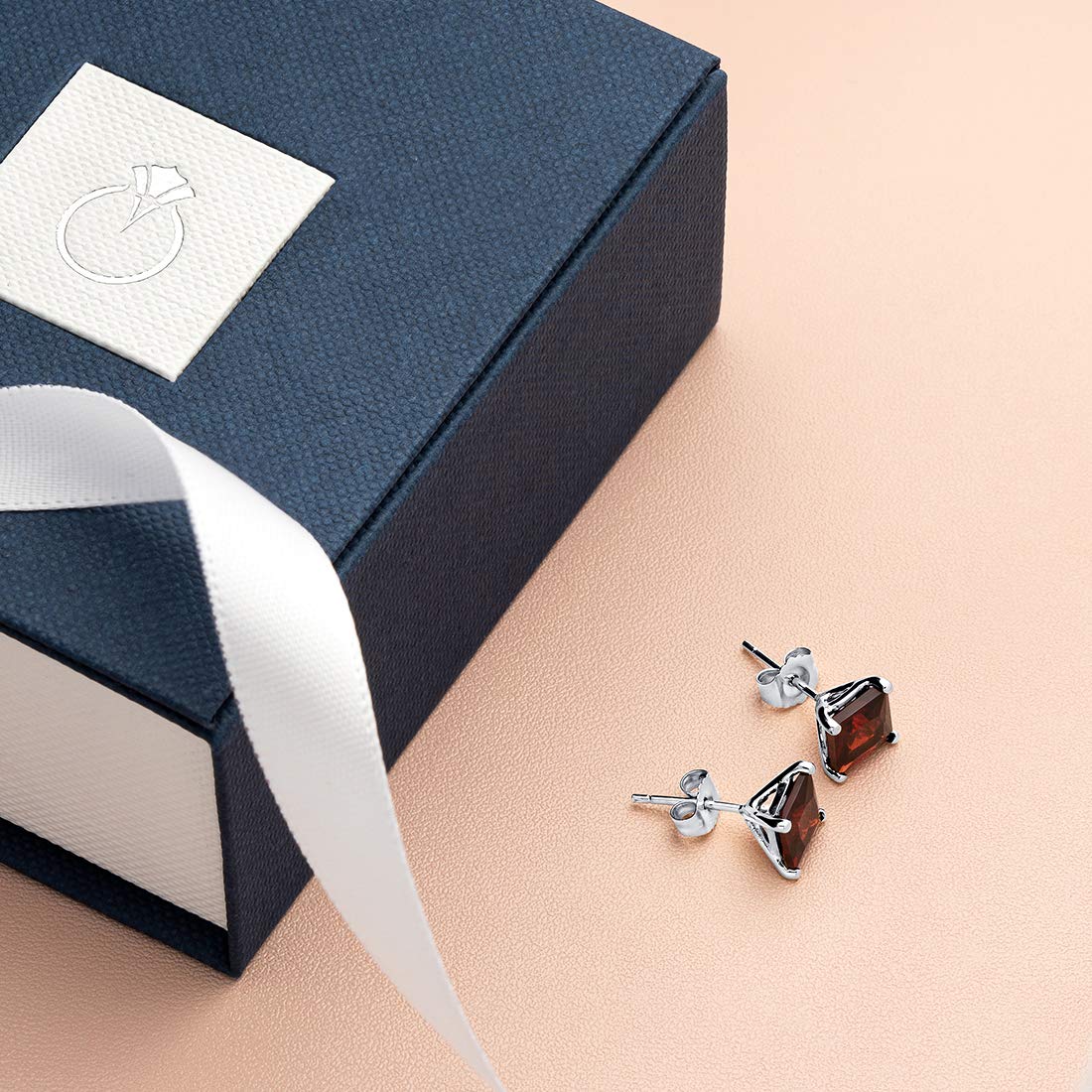 Peora 14K White Gold Genuine Red Garnet Stud Earrings for Women - 6mm Princess Cut, 2.75 Carats Total, Friction Back - January Birthstone Jewelry - Perfect for Everyday Wear, Gifts & Special Occasions