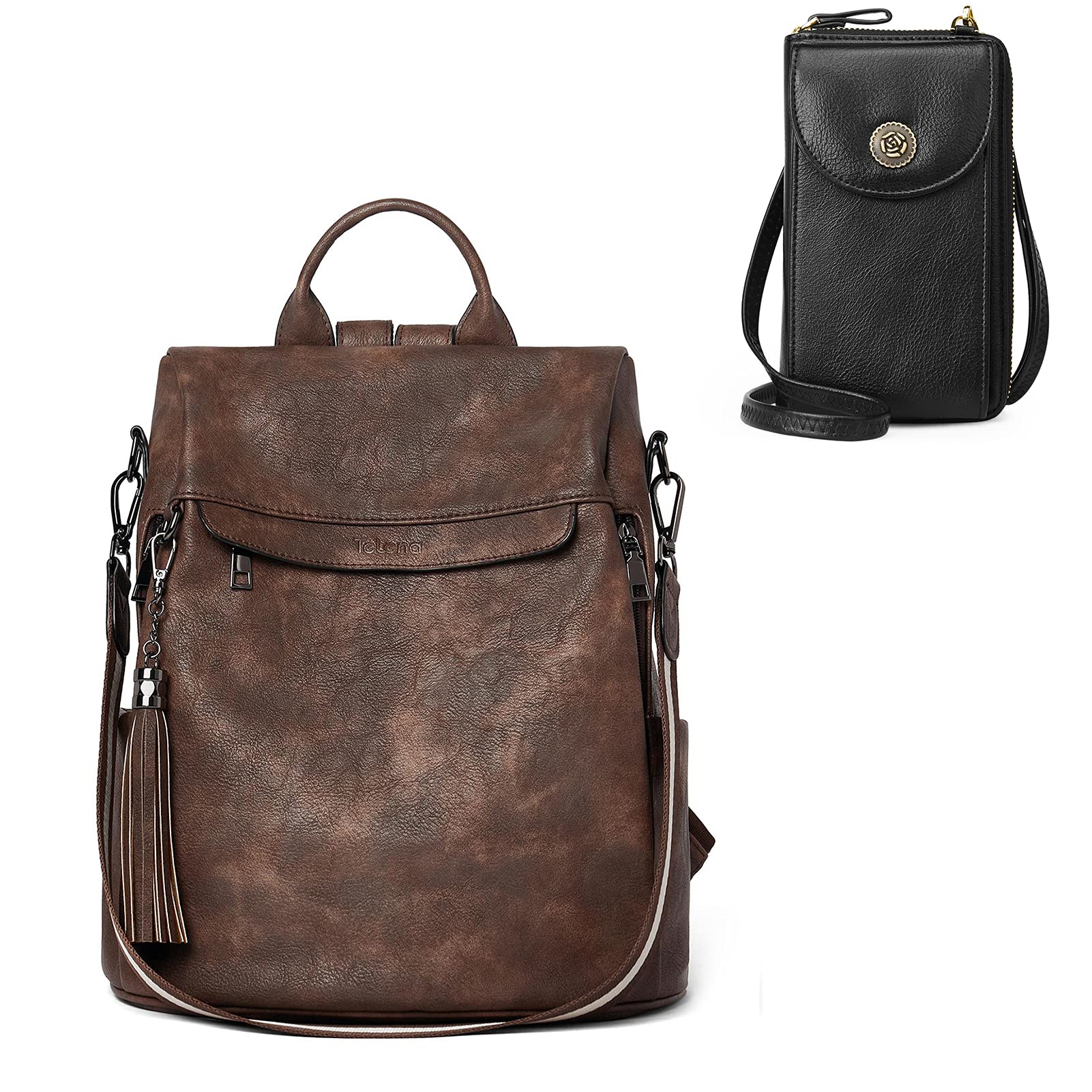 Anti-Theft Travel Backpack Purse for Women - Large Shoulder Bag & Small Crossbody Bag Set with Phone Wallet (Black) - Perfect for Commuting, Shopping & Vacation