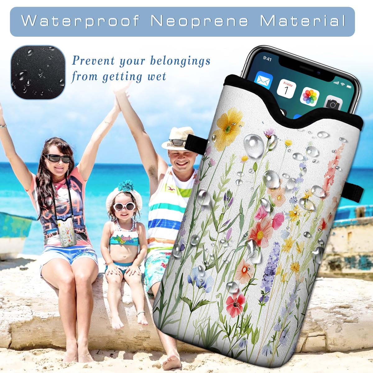 Floral Neoprene Phone Pouch with Strap - Waterproof & Lightweight for Outdoor Activities