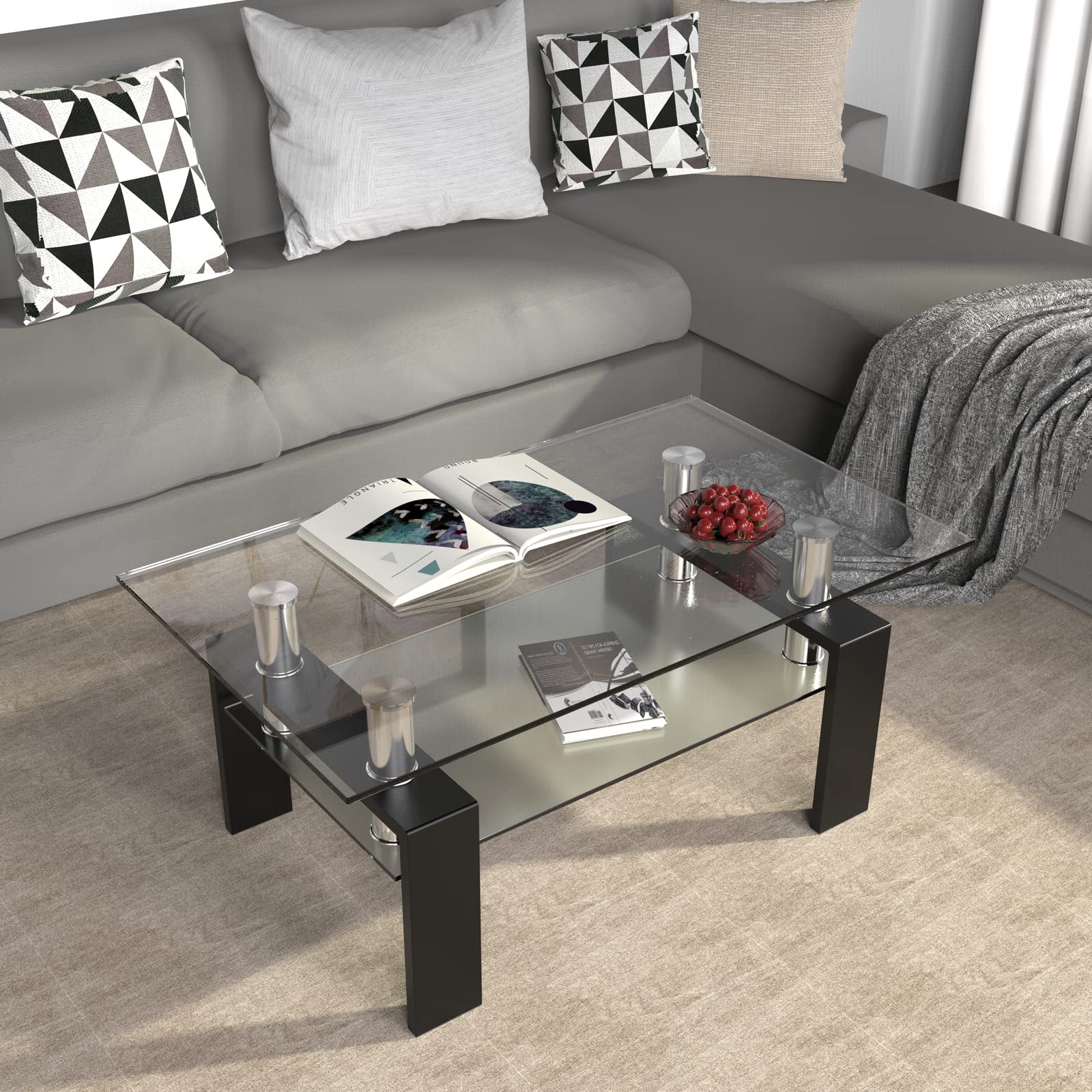 NAFORT Modern 2-Tier Rectangle Coffee Table with Tempered Glass Top & Sturdy Metal Legs - Living Room Center Table with Storage Shelf | Perfect for Small Spaces, Apartments & Contemporary Home Decor
