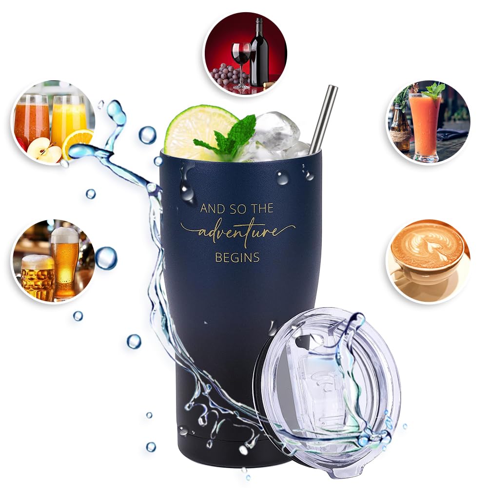 Adventure Begins Tumbler - Vacuum Insulated Stainless Steel Travel Mug with Straw for Graduation, New Job Gifts (Midnight) - Perfect for Coffee, Tea & Cold Drinks on the Go