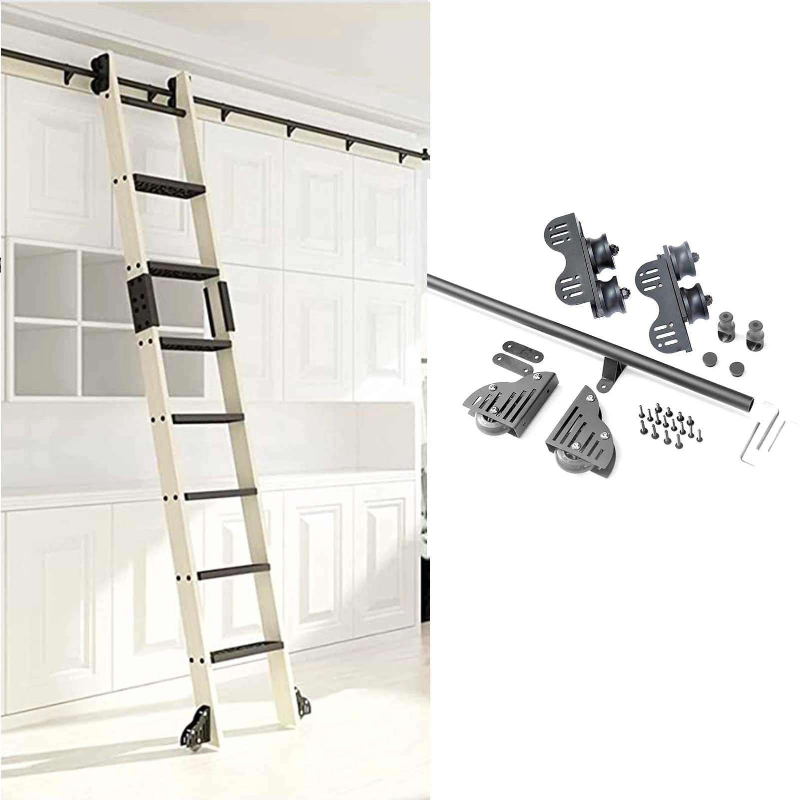 Sliding Barn Door Kit 3.3ft-20ft - Heavy Duty Extension Rolling Library Rail System with Floor Roller Wheels & Retractable Round Tube Track - Perfect for Loft, Home, Indoor Spaces, Bookstores & Mobile Ladder Applications (No Ladder Included) - Ideal for Rustic Home Decor, Space-Saving Solutions & Industrial Style Interiors