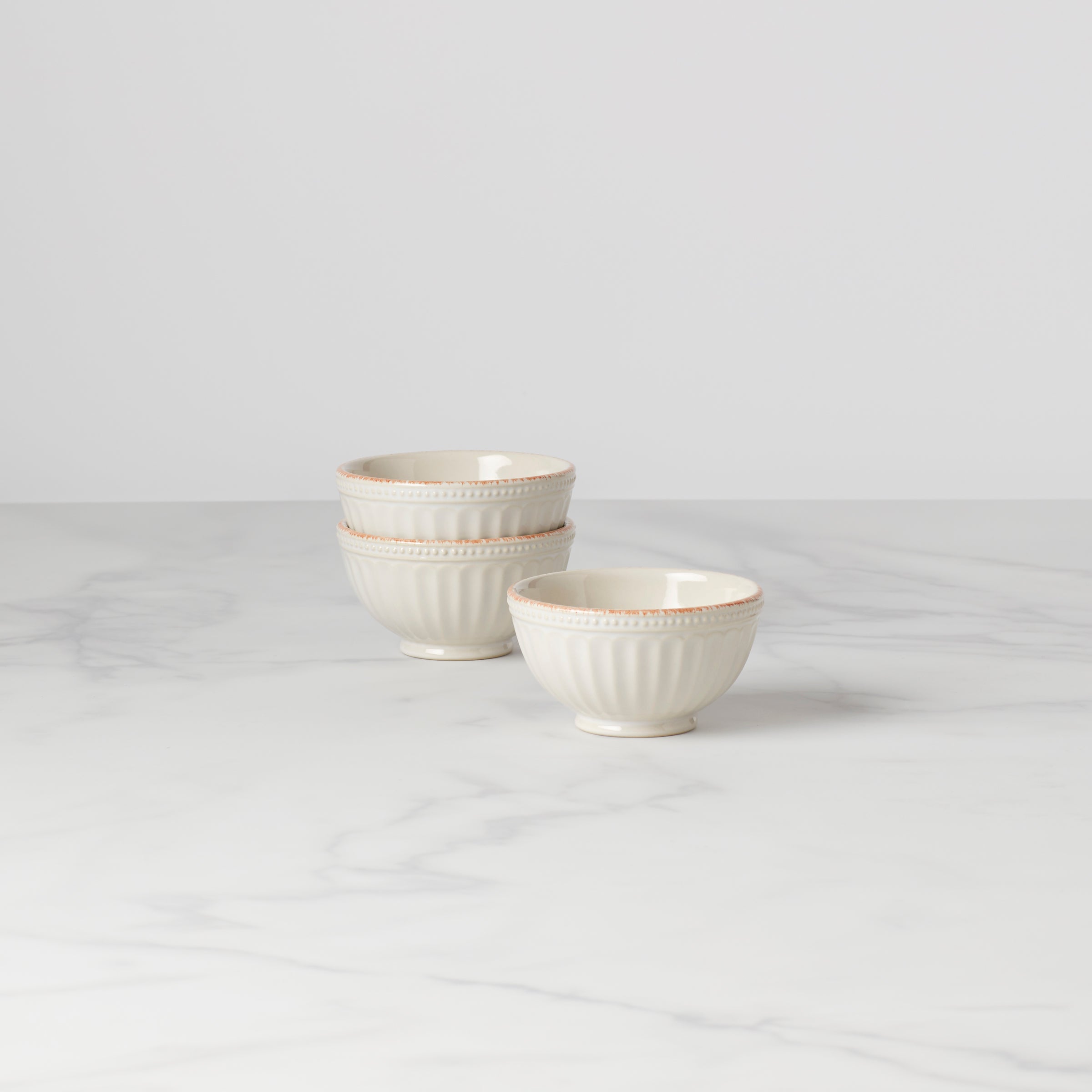 French Pearl Groove 3-Piece Mini Bowl Set - Elegant White Ceramic Bowls for Desserts, Snacks & Dip Serving - Perfect for Parties, Dining & Home Decor
