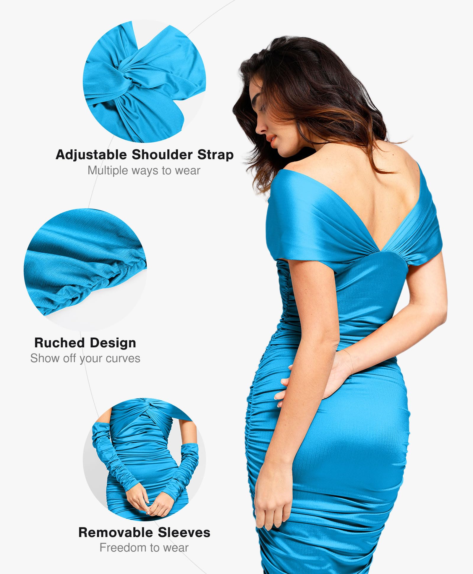 Popilush Shapewear Dress with Sleeves - Multi-Way Wear Off Shoulder Ruched Bodycon Cocktail Dress for Women | Slimming Party, Wedding & Evening Occasions