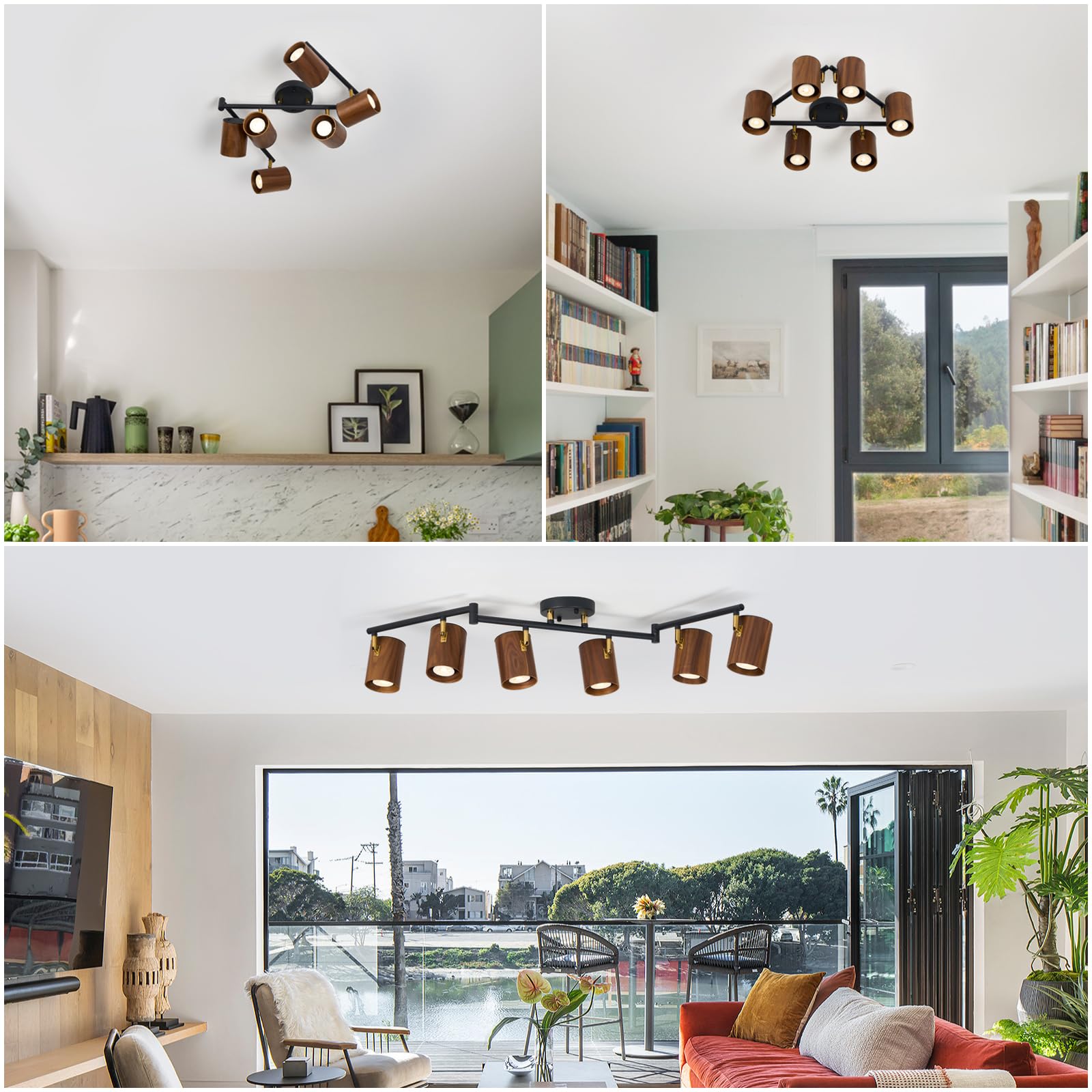 Modern 6-Light Track Lighting 47 Inch - Adjustable Natural Wood & Brass Accent Matte Black Ceiling Fixture - Perfect for Dining Room, Living Room, Kitchen Lighting Decor