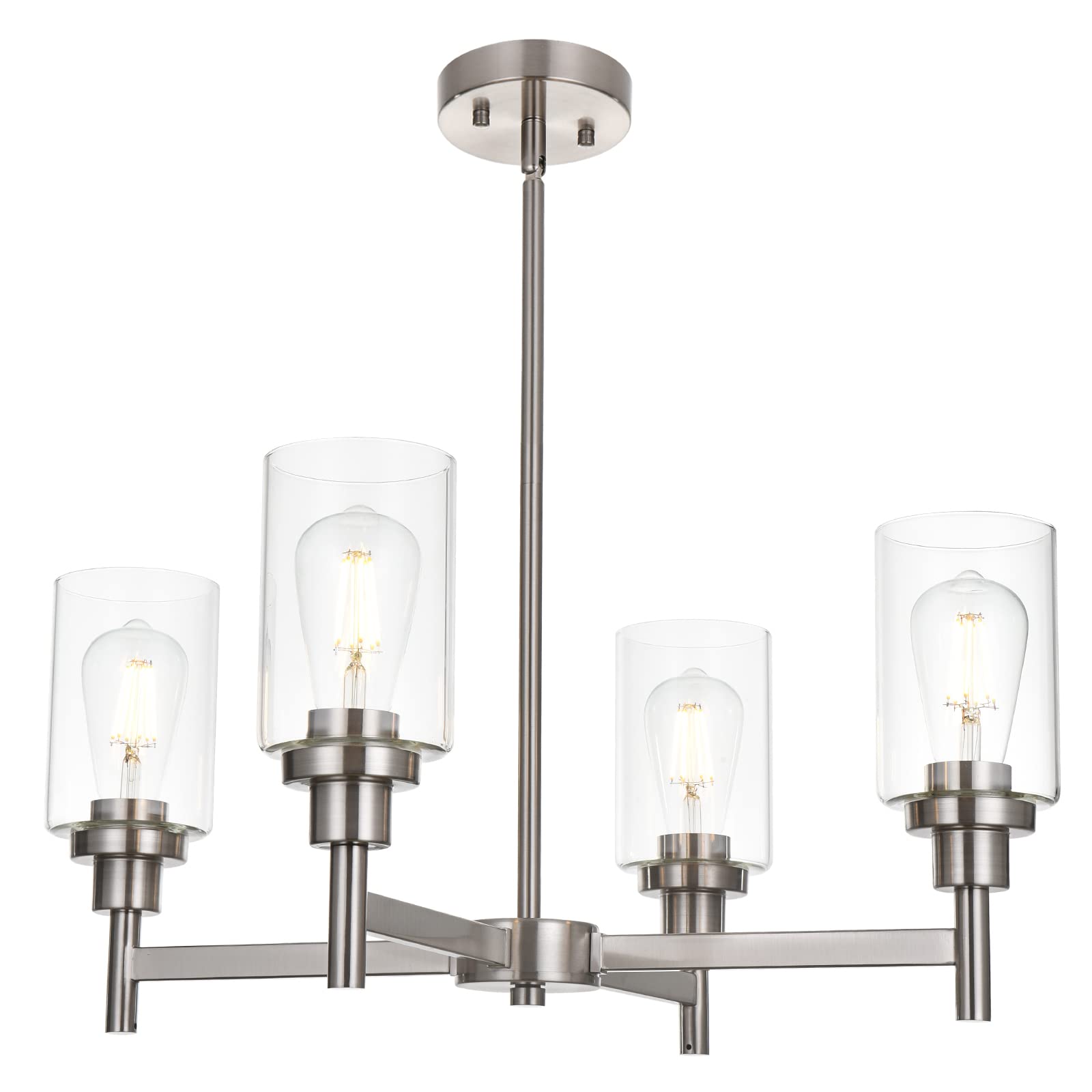 VINLUZ 4-Light Modern Chandelier - Brushed Nickel Pendant Lighting with Clear Glass Shades - Contemporary Ceiling Light Fixture for Dining Room, Kitchen & Living Room - Perfect for Home Decor, Interior Lighting and Modern Housewarming Gifts