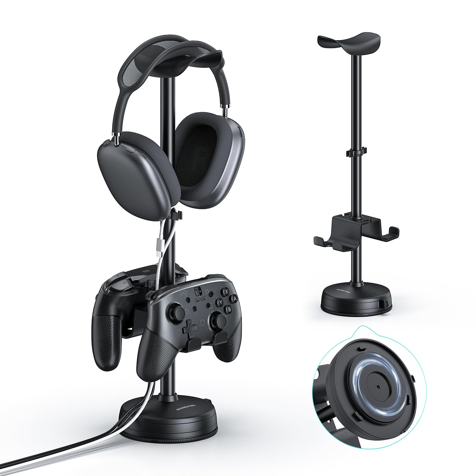 Universal Aluminum Headphone Stand with Anti-Slip Heavy Base & Suction Cup - Compatible with PS5, Switch Pro, Xbox, Airpods, Beats, Bose - Perfect Gaming & Office Desk Organizer for Headset & Controller Storage