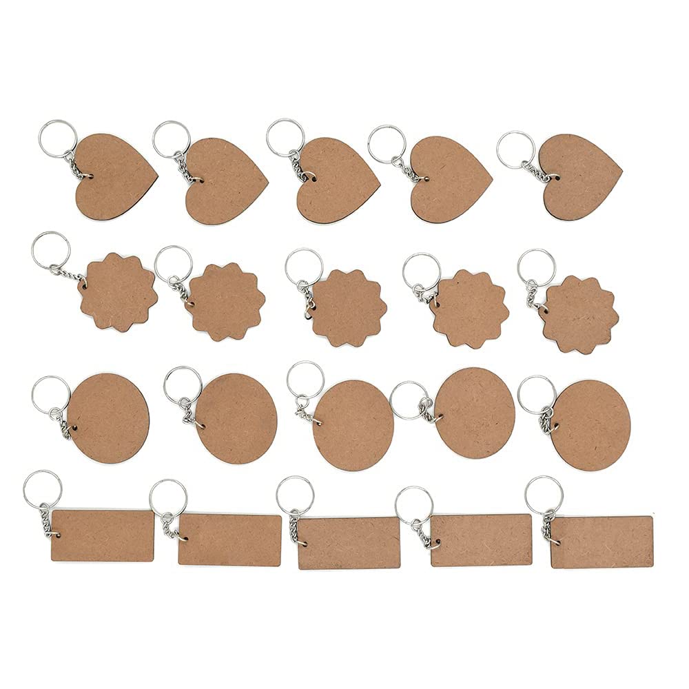 Myenal 20-Piece MDF Plain Multi-Shaped Wooden Keychains for Painting & DIY Crafts - Perfect for Art Projects, Gift Making & Home Decor