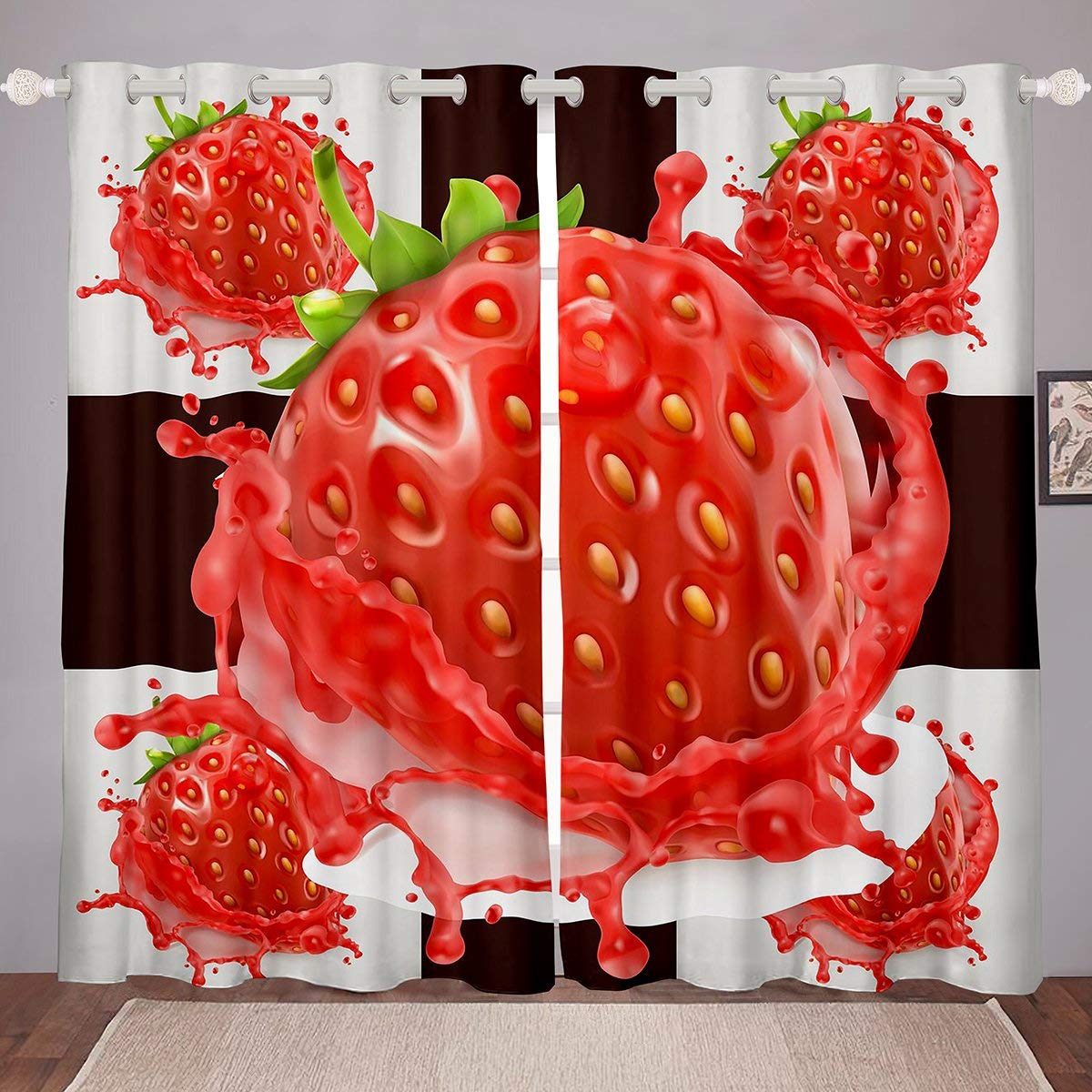 Strawberry Print Pink Window Curtains for Girls Room - Tropical Fruit Themed Drapes 38x45 Inches (2 Panels) - Sweet Cream Red Plaid Design for Bedroom, Living Room & Kids Space - Perfect for Nursery, Playroom & Teen Decor