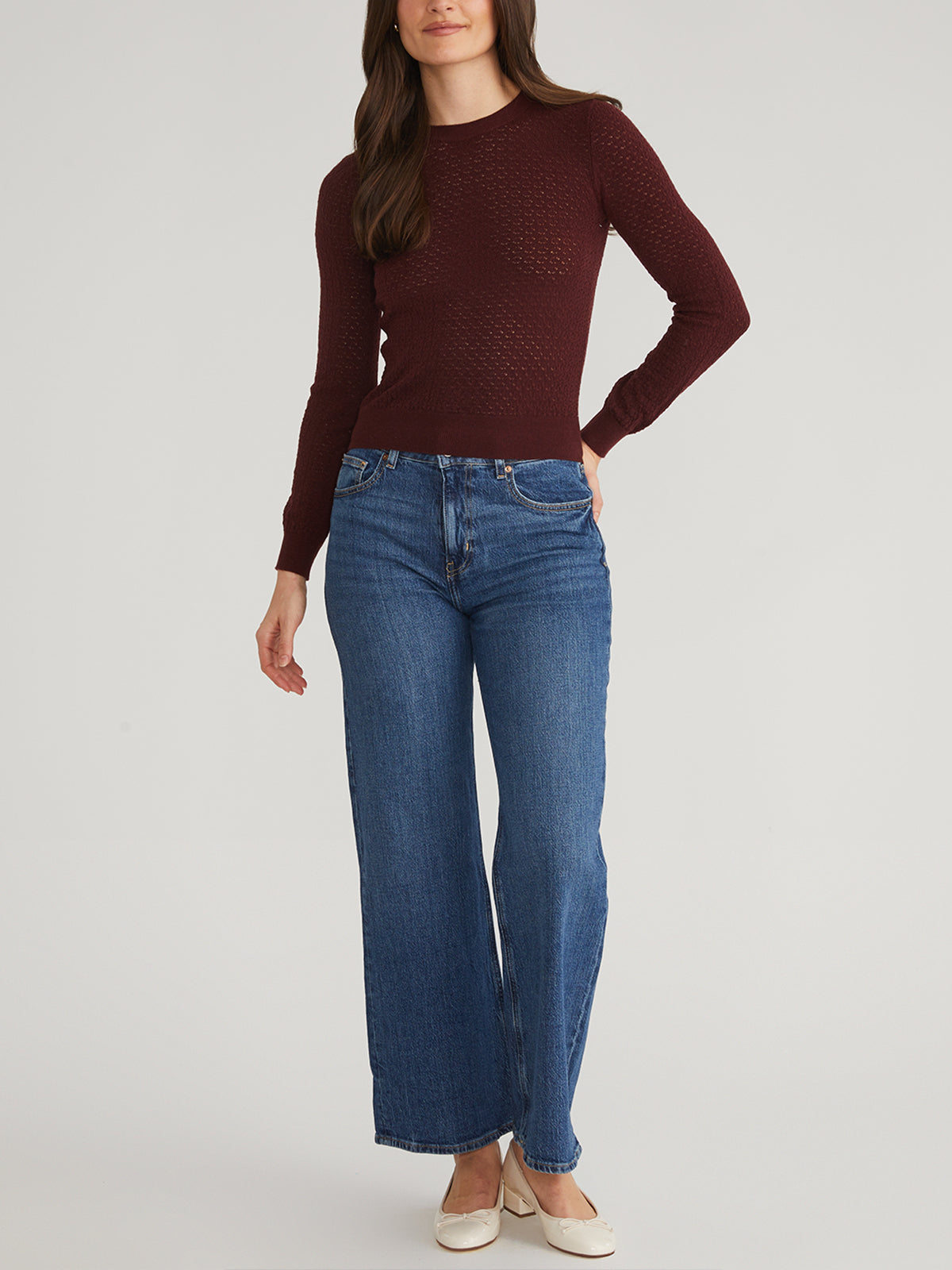 Women's Pointelle Crewneck Pullover Sweater - Soft Knit Casual Top for Fall & Winter - Perfect for Layering, Office Wear & Cozy Outfits