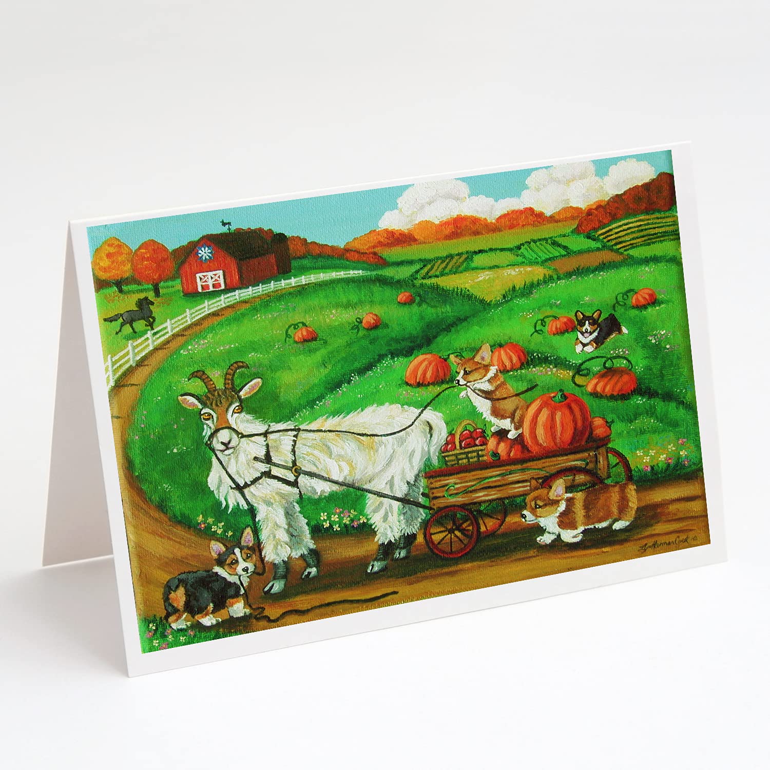 Corgi Pumpkin Ride with Goat Blank Greeting Cards - Pack of 8 A7 Size (5x7) Note Cards with Envelopes | Whimsical Animal Theme | Perfect for Birthday Wishes, Thank You Notes & Holiday Greetings