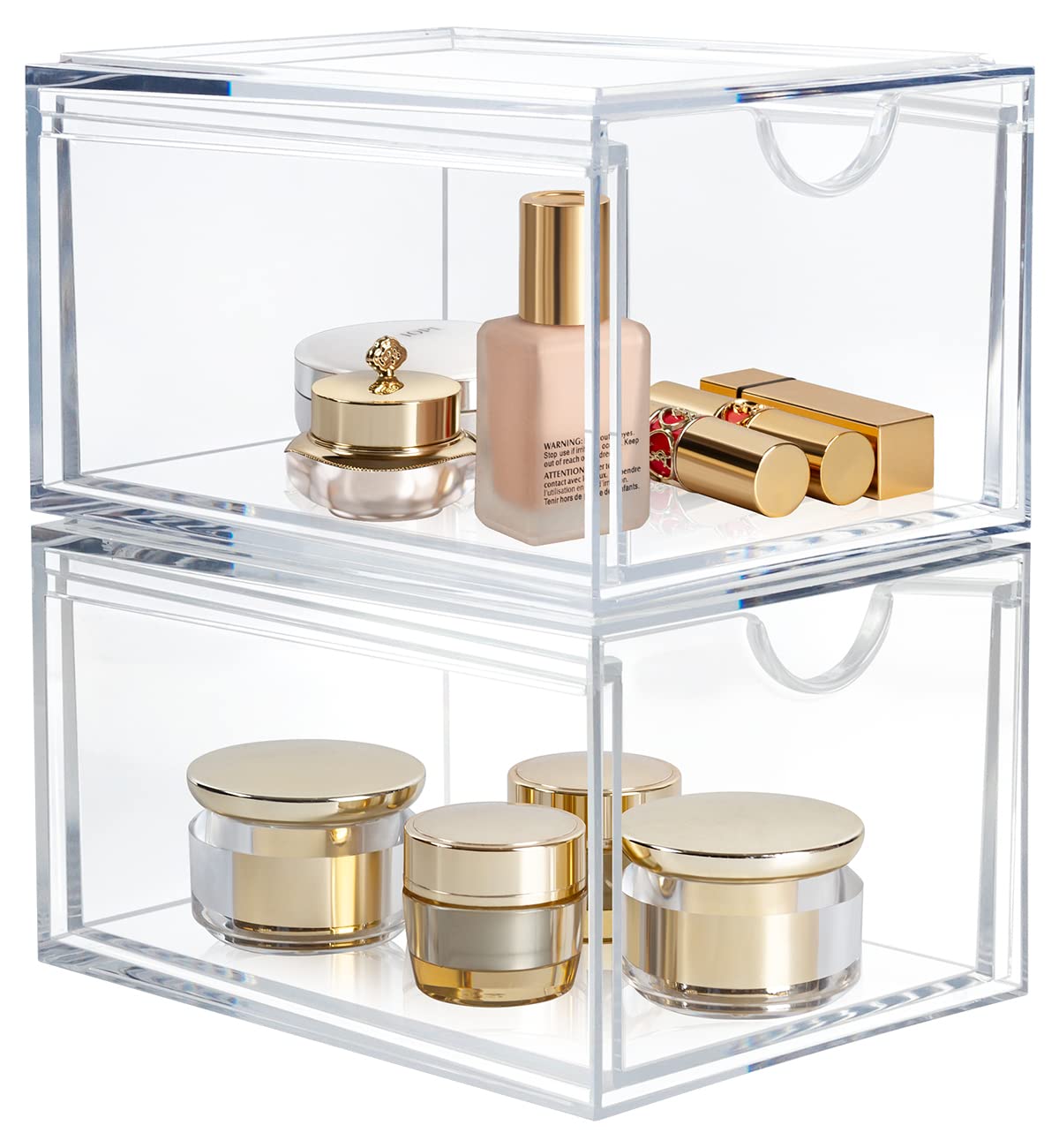 Stackable Acrylic Makeup Organizer Drawers - 2-Piece Set for Cosmetics, Bathroom Counter, or Dresser | Clear Storage for Vanity & Beauty Products