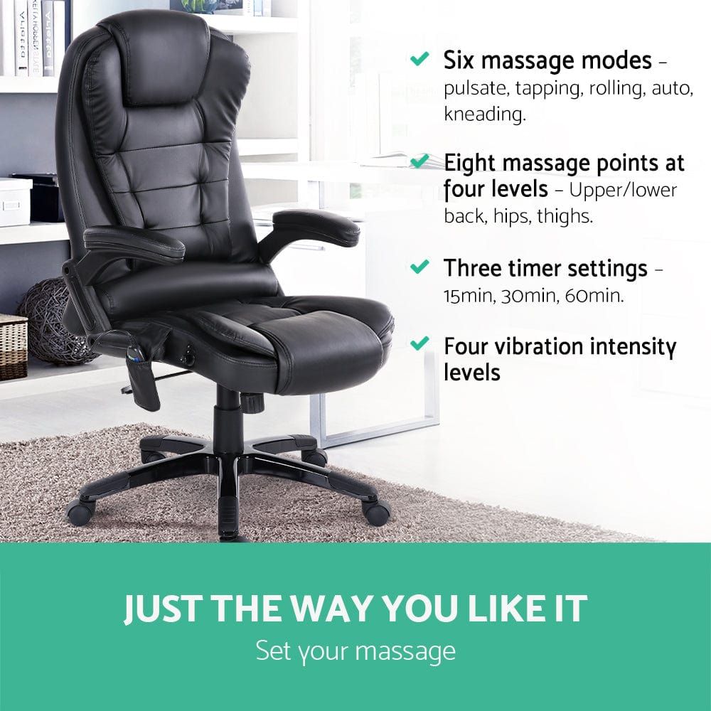 Artiss 8-Point Massage Office Chair - Ergonomic PU Leather Executive Chair with Lumbar Support - Black - Perfect for Home Office, Gaming & Workspace Comfort