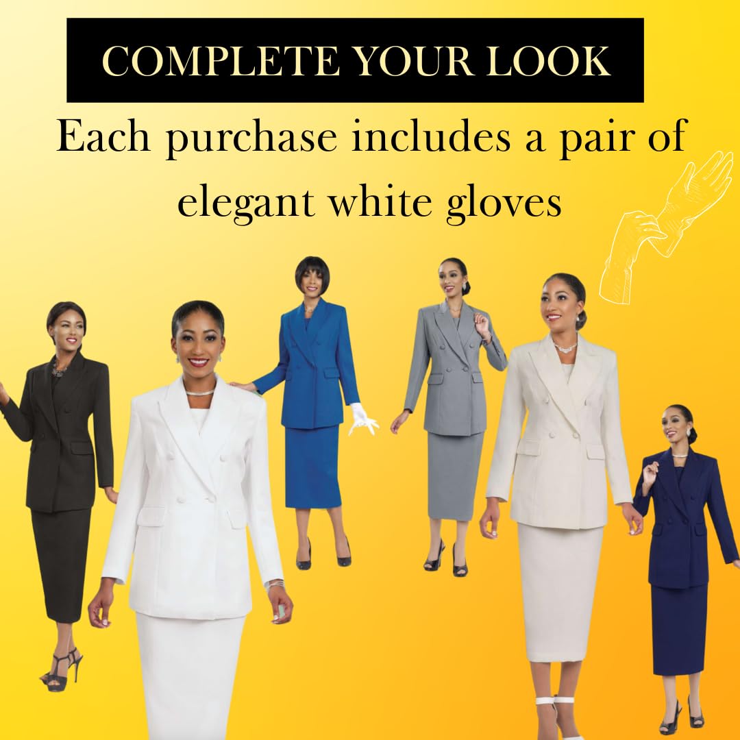 Ben Marc BM2298 Women's Two-Piece Skirt Suit Set - Double Breasted Button Jacket & Work Skirt with Gloves | Professional Office Attire, Business Formal Wear, Usher Uniform & Special Occasion Outfit
