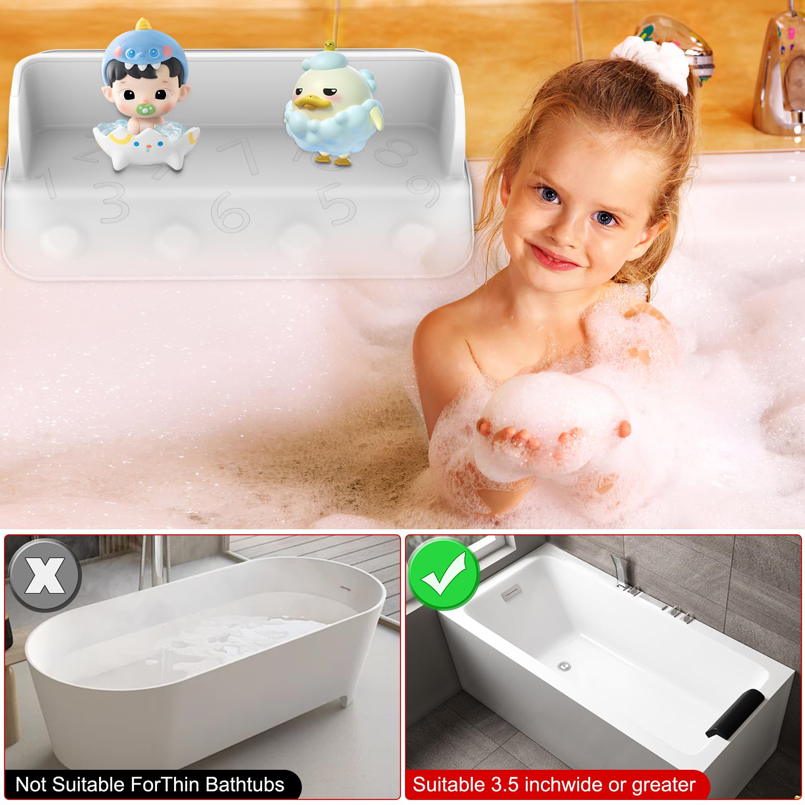 2 Pack 36IN Bathtub Splash Guard for Kids - Non-Slip Play Shelf with 16 Suction Cups, Premium Silicone Baby Bath Tub Splash Protector for Toddlers (White) - Perfect for Bath Time Fun & Water Play Safety