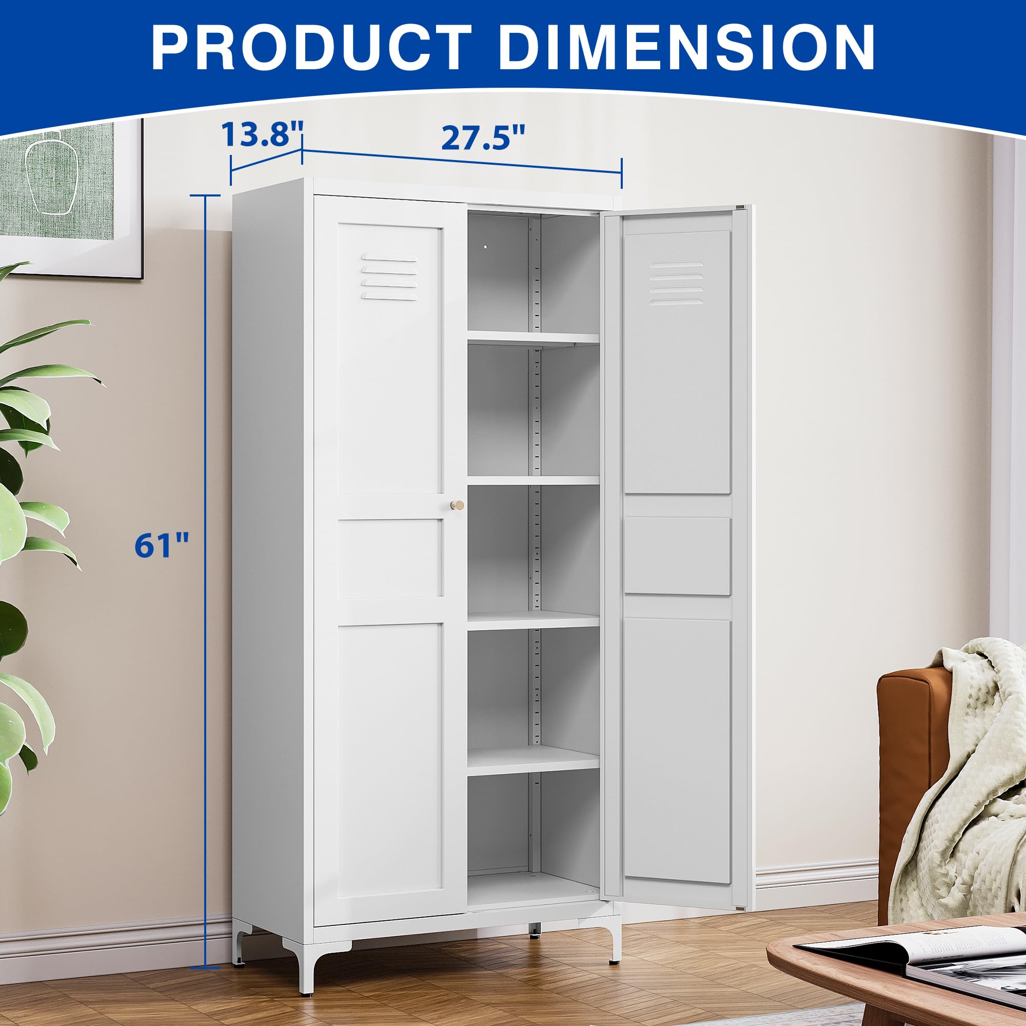 White 61-Inch Adjustable Metal Pantry Cabinet with Shelves & Feet - Kitchen, Living Room, Dining Room & Bathroom Storage Organizer for Home & Office Use