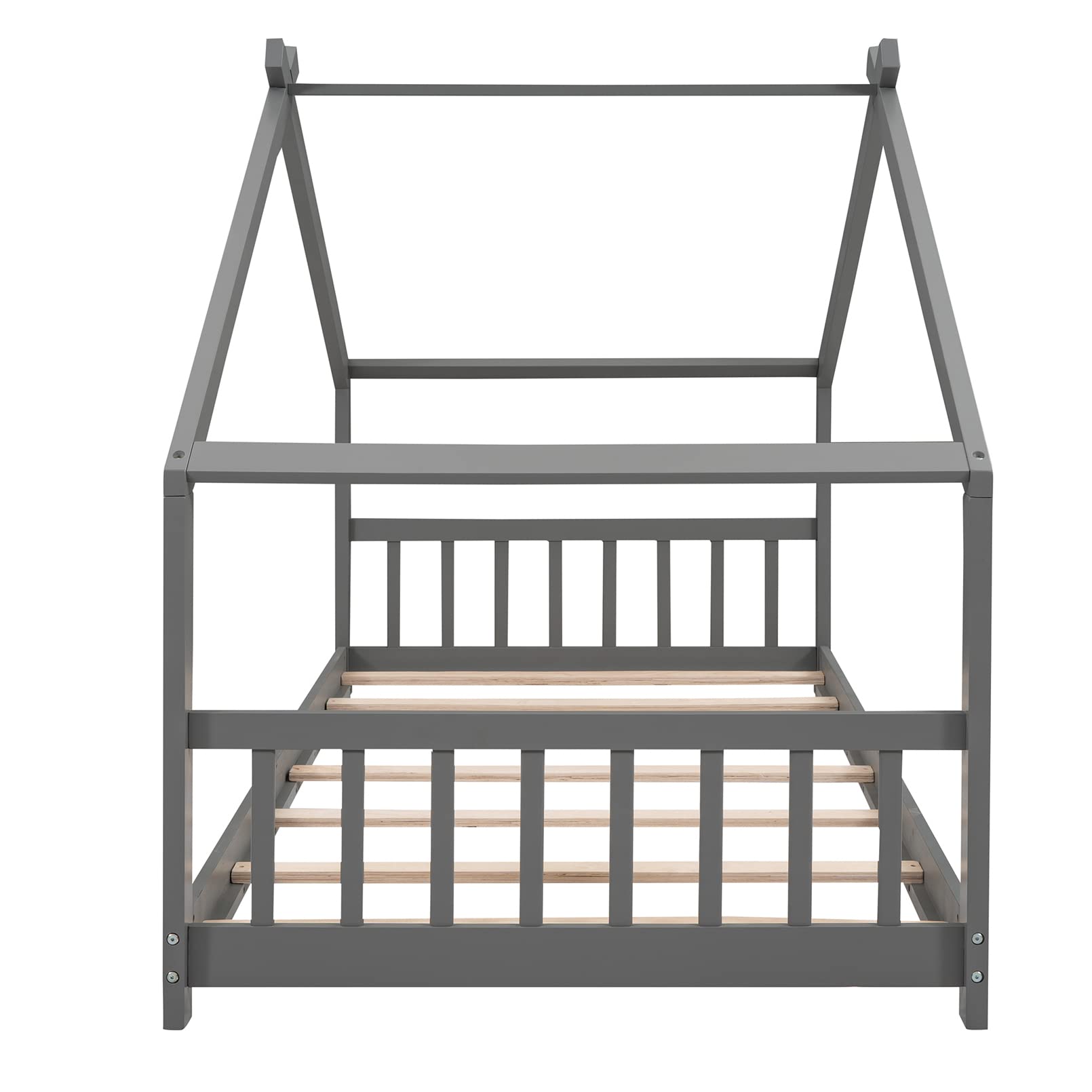 Modern Twin Size Wooden House Platform Bed Frame with Roof, Headboard & Footboard - Easy Assembly, Solid Wood Support for Kids Bedroom - No Box Spring Needed - Gray - Perfect for Boys & Girls Bedrooms, Playrooms & Cozy Sleep Spaces