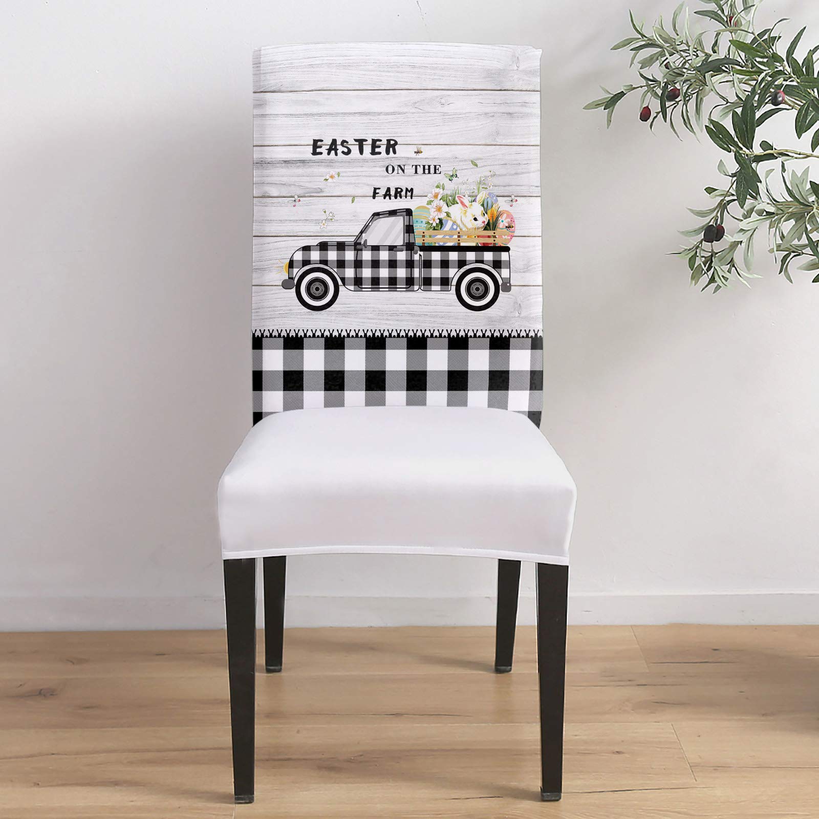 8PCS Washable Stretch Slipcovers - Easter Bunny with Eggs Design Buffalo Plaid Dining Chair Covers for Home, Hotel, Banquet & Wedding - Removable Seat Protector for Easter Decor & Party Scenes