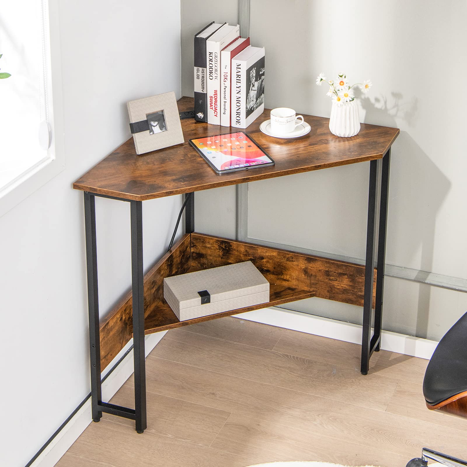 Tangkula Rustic Brown Corner Desk with Power Outlet & USB Ports - Compact Triangle Computer Desk with Charging Station, Storage Shelf for Home Office, Gaming, Study & Small Spaces - Space-Saving Writing Desk & Vanity Table for Apartments & Dorm Rooms