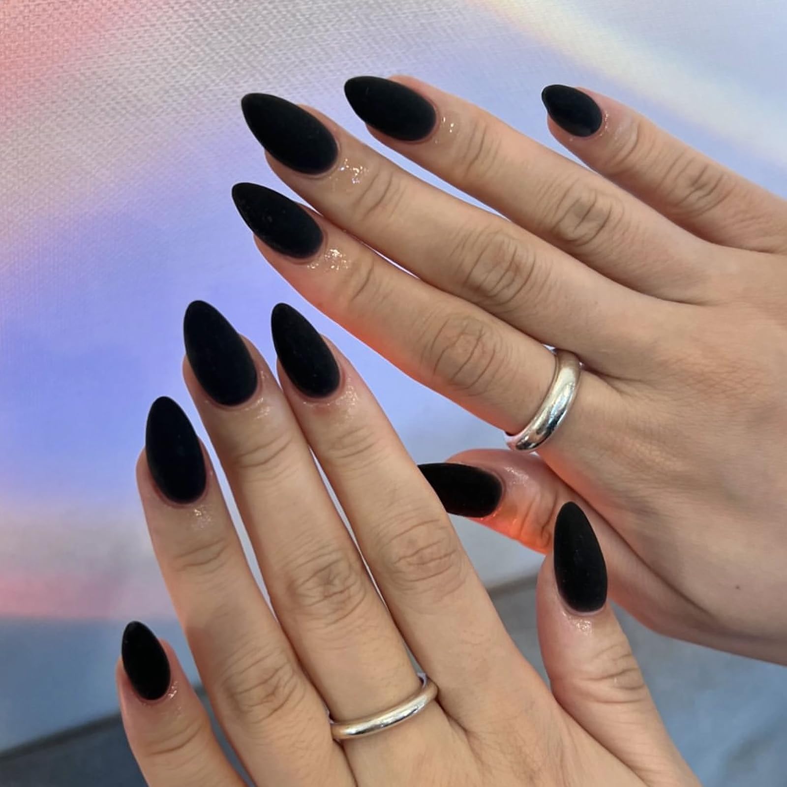 MISUD 24Pcs Matte Black Almond Fake Nails - Sharp Stiletto Press on Nails with Glue, Long False Nail Tips for Women | Perfect for Parties, Halloween, Cosplay & Special Occasions