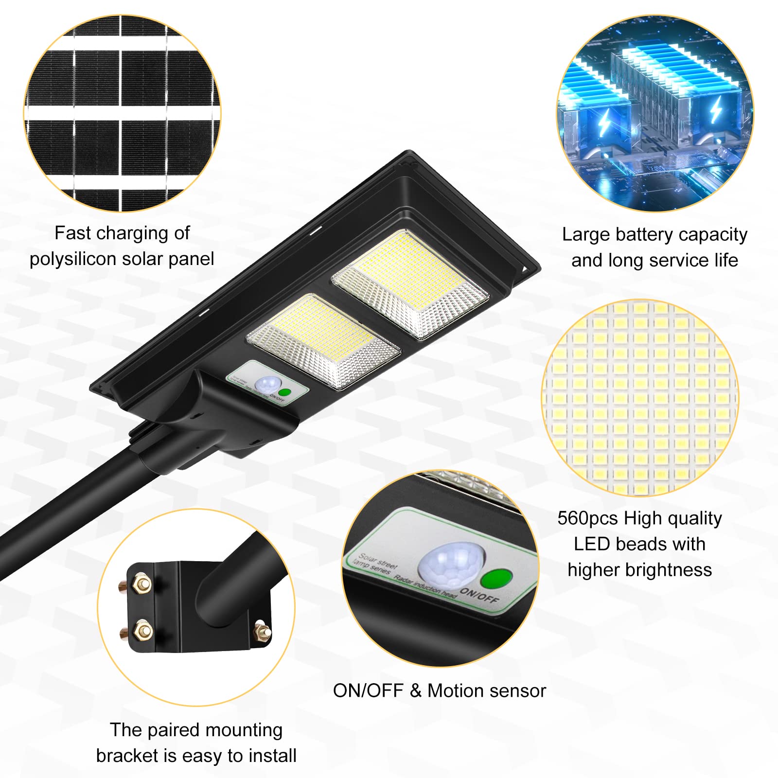 200W Solar Street Light Outdoor with 568 LEDs - 6500K 6000LM Brightness - IP65 Waterproof Commercial Solar Lights for Parking Lots, Pathways & Driveways - Dusk to Dawn Automatic Lighting for Enhanced Security & Visibility