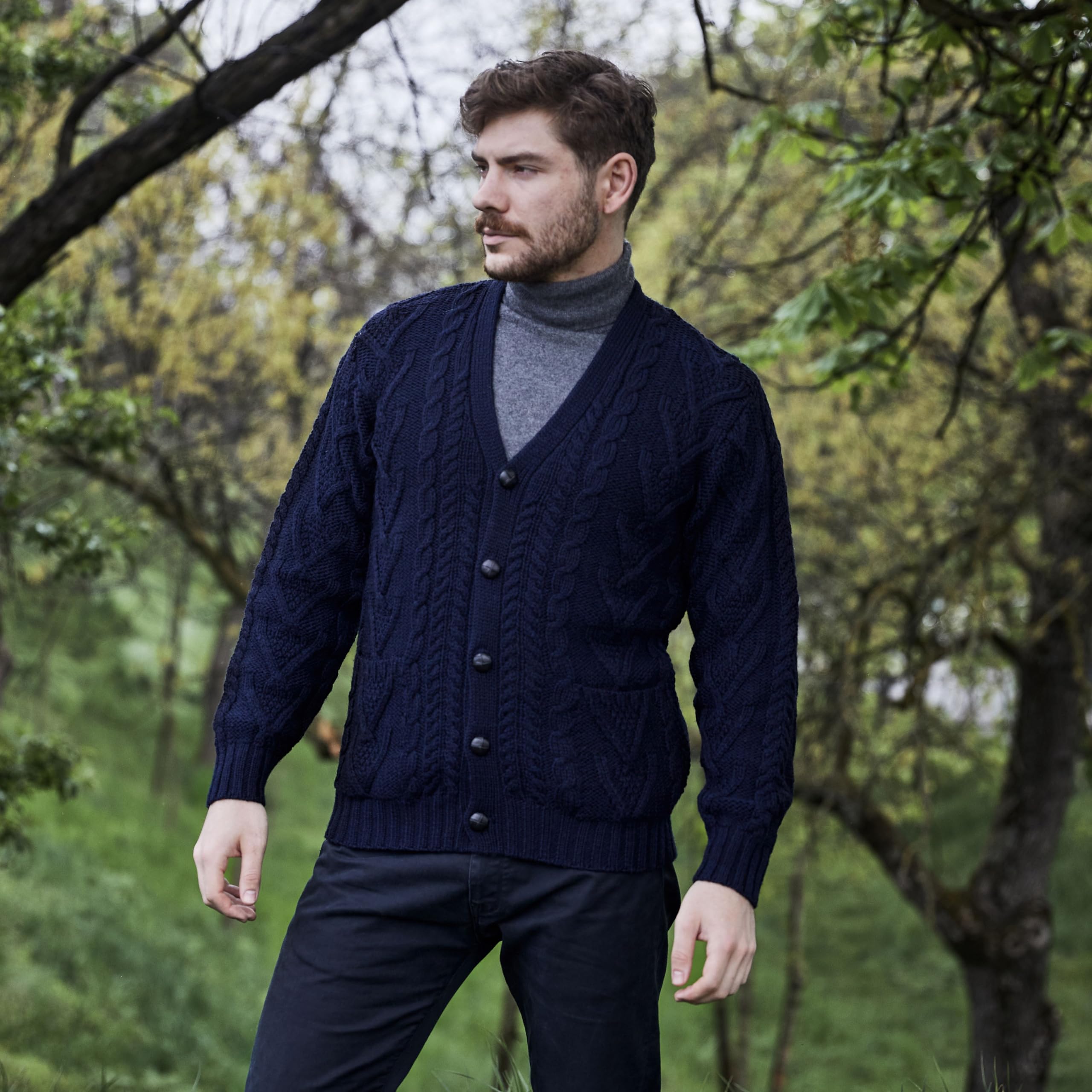 SAOL 100% Merino Wool Men's Aran Cable Knit V-Neck Cardigan Sweater - Irish Style Button-Up Casual Pullover with Pockets - Perfect for Fall, Winter & Office Wear