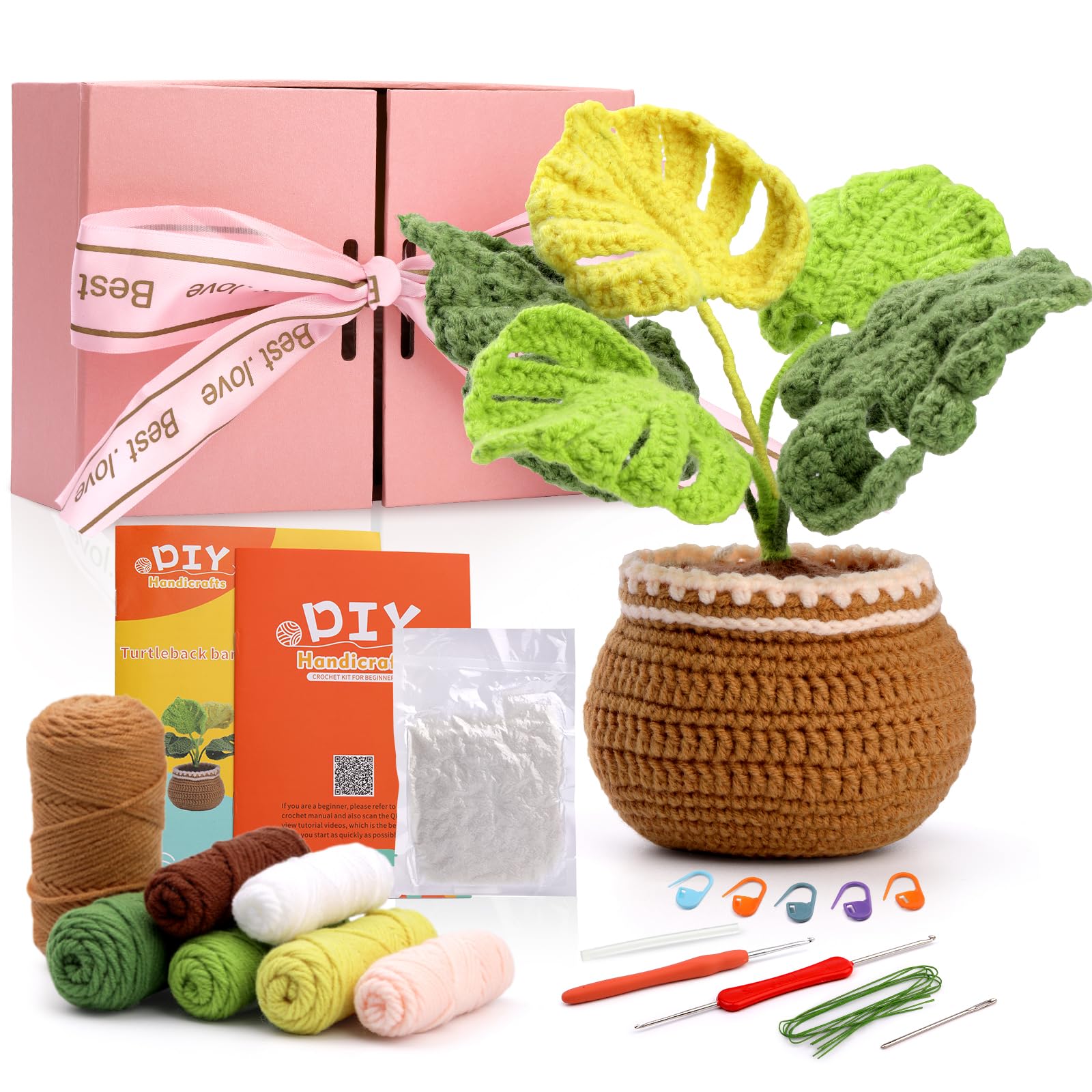 Complete Crochet Kit for Beginners with Video Tutorials - Turtleback Leaf Potted Plants DIY Starter Kit for Adults | Easy Step-by-Step Guide | Perfect for Home Decor, Gift Giving & Relaxation