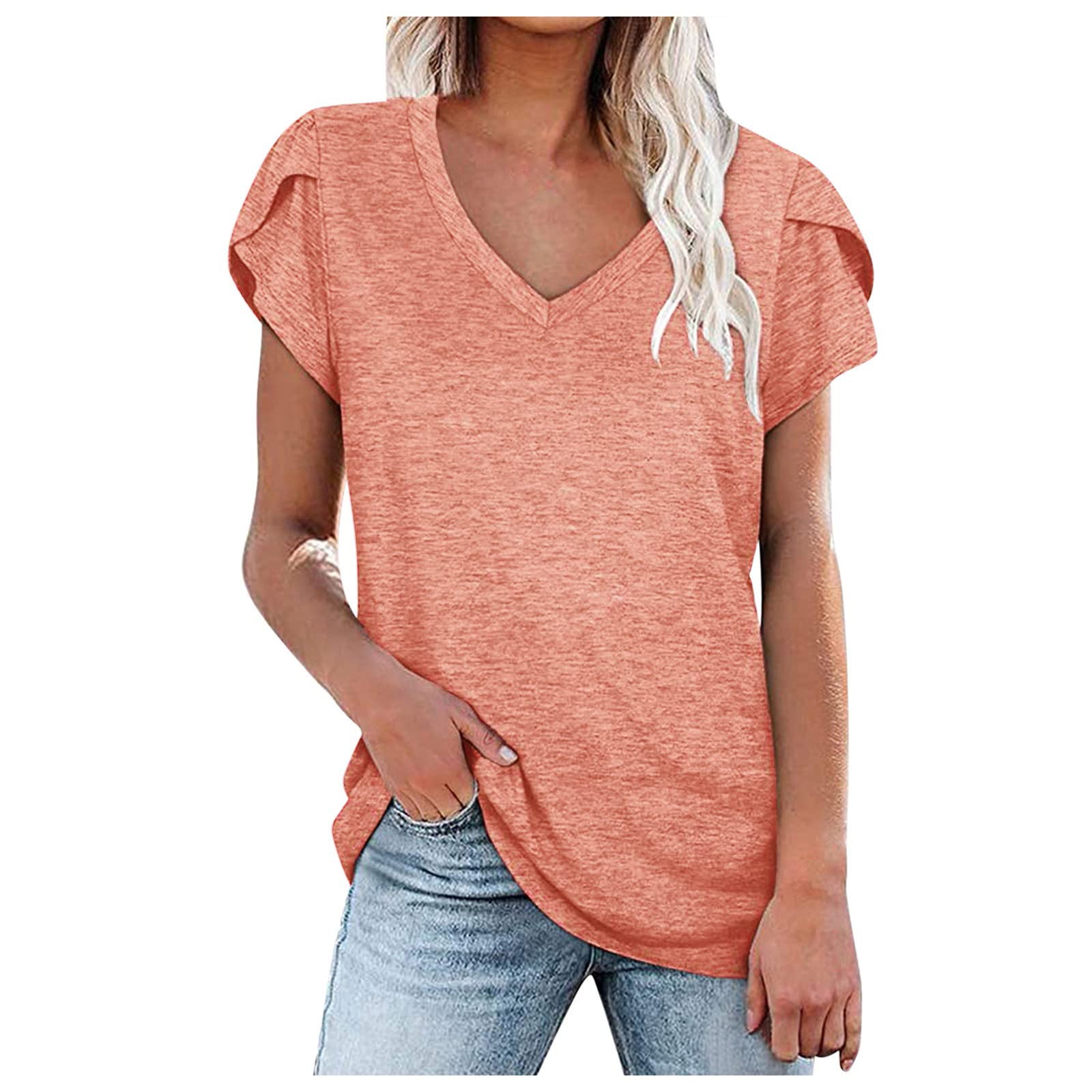 Plus Size Women's Summer Short Sleeve V-Neck Casual T-Shirt with Petal Sleeves - Flowy Loose Fit Dressy Casual Top for Everyday Wear, Office & Outings