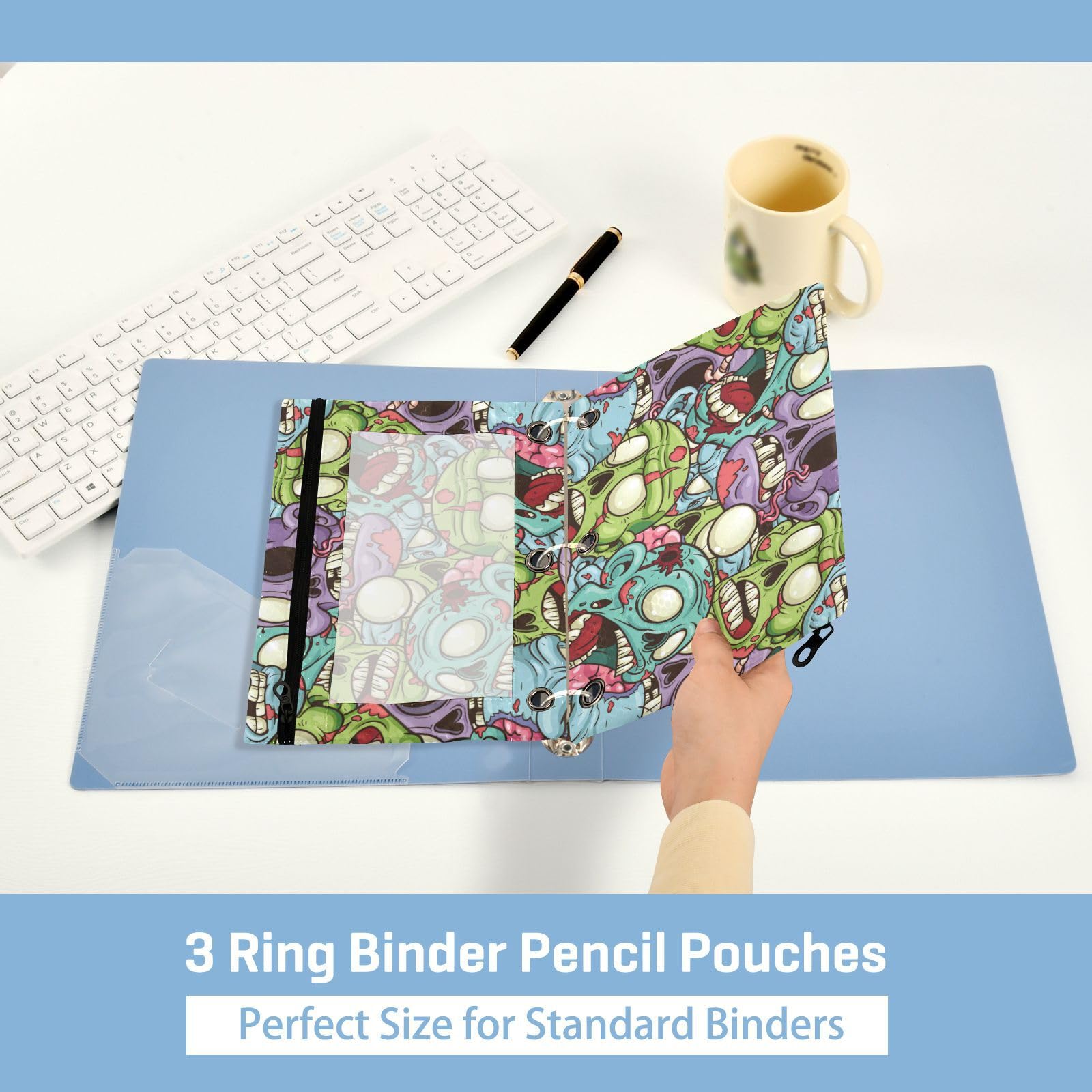 Wudan Colorful Yelling Zombie 3-Ring Binder Pencil Pouch 2-Pack - Clear Waterproof Plastic Pencil Case with Zipper for School, Office & Travel - Perfect for Organizing Pens, Cosmetics & Documents