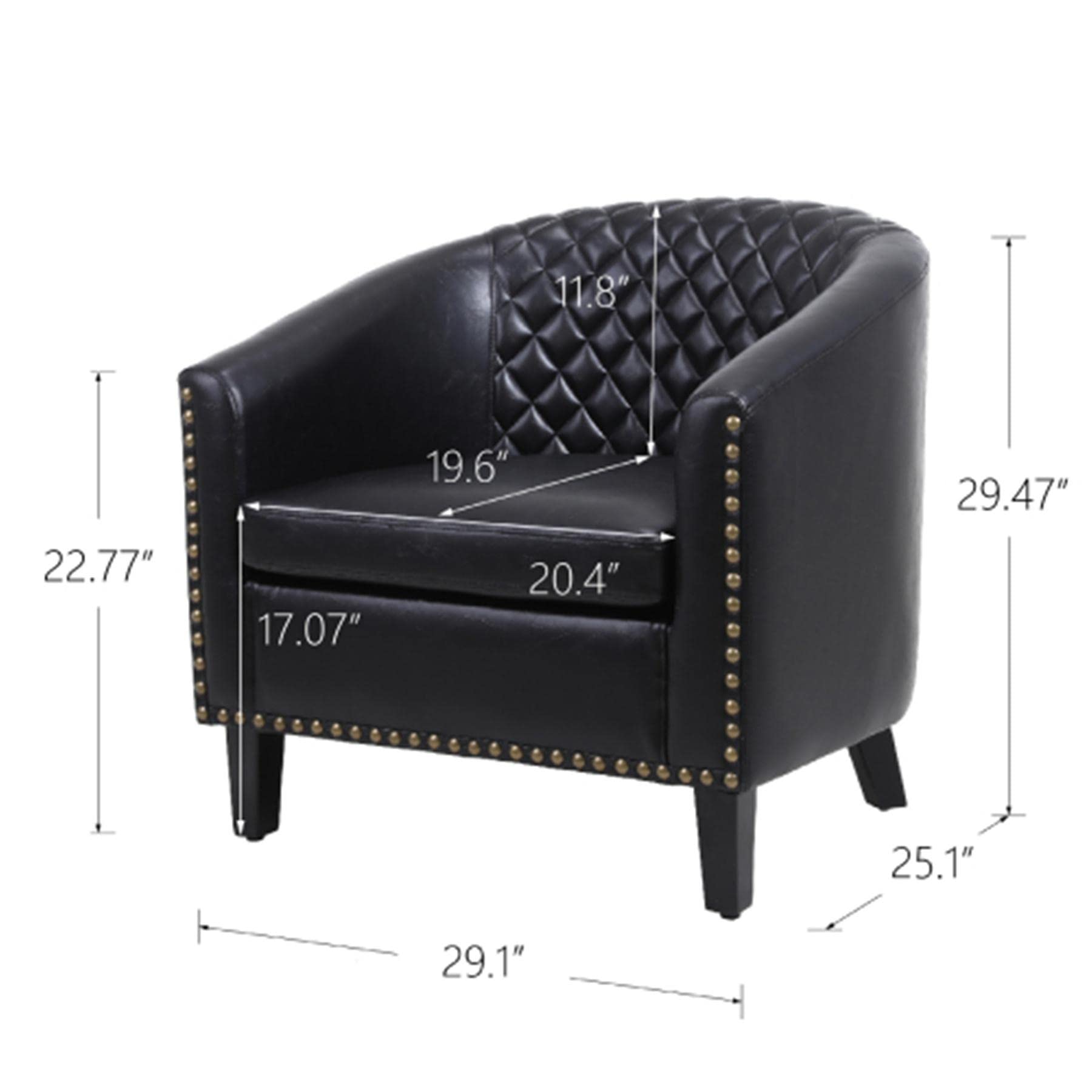 PU Leather Single Leisure Chair with Nailhead Trim & Diamond Stitched Back - Solid Wood Legs - Modern Accent Chair for Bedroom, Living Room & Office - Black