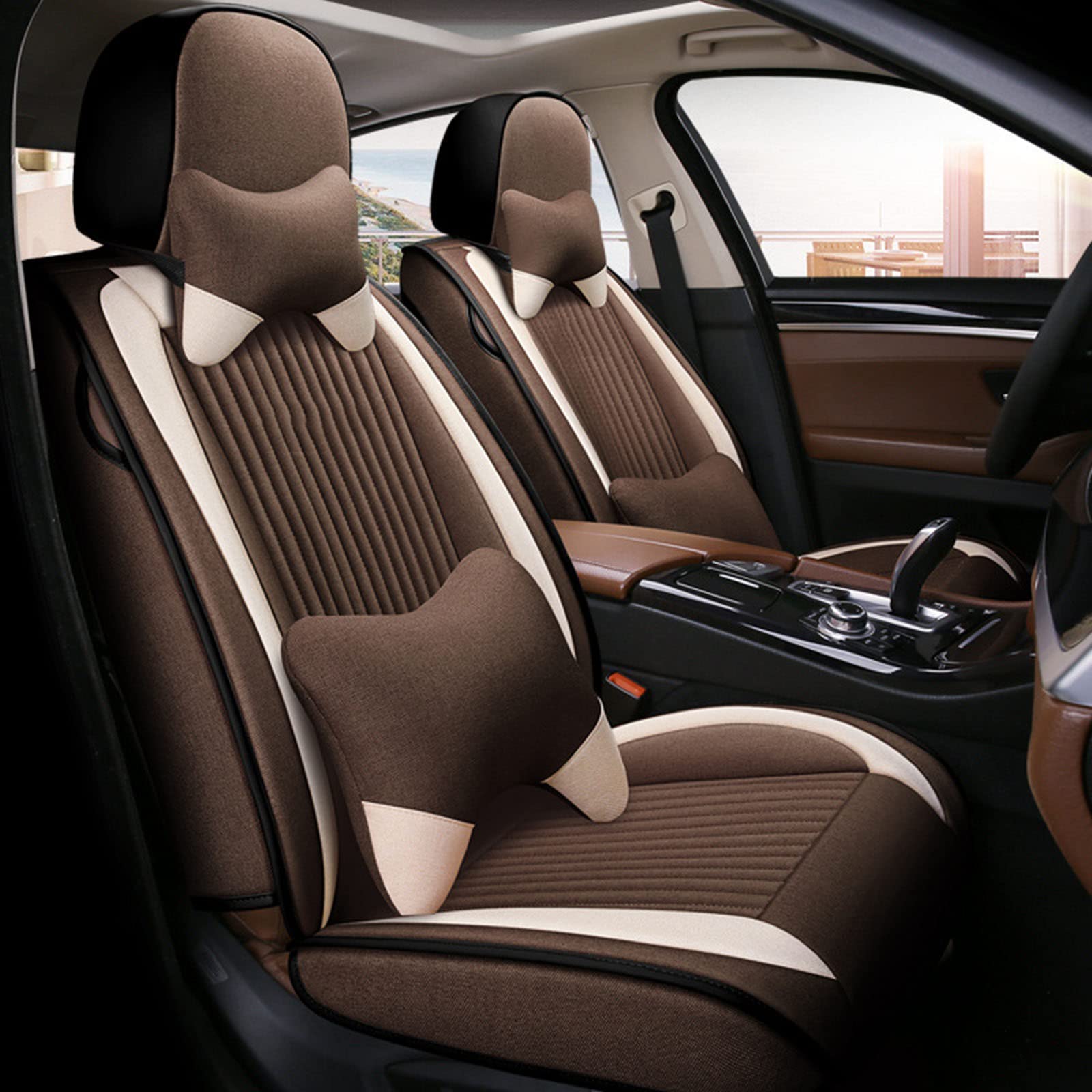 Premium Breathable Car Seat Covers - Luxury Waterproof Linen Seat Cushions for Cars, SUVs & Trucks (5-Piece Set, Brown) | Universal Fit for 90% Vehicles | Perfect for Road Trips, Commuting & Family Travel