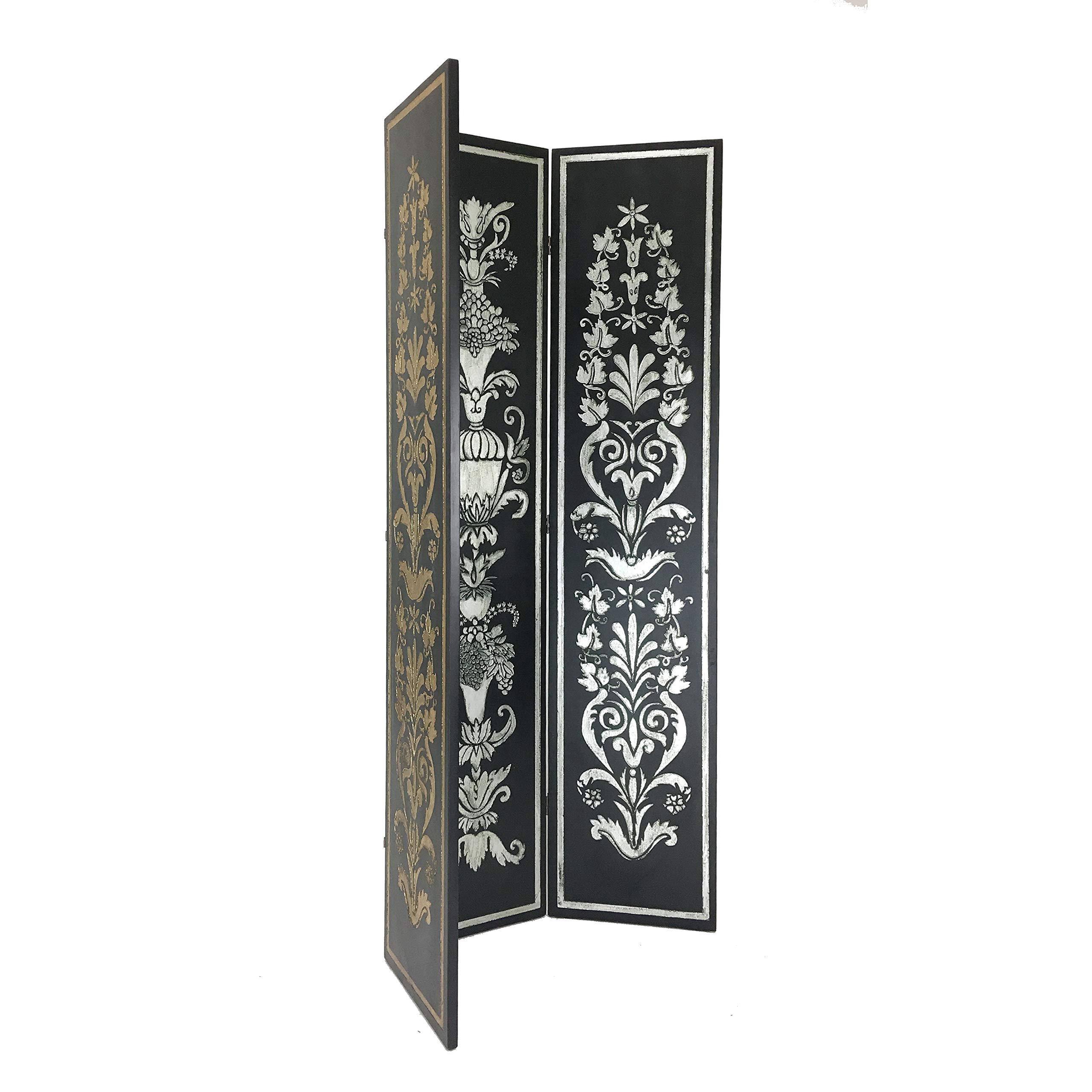Benjara Wooden 3-Panel Room Divider - Double-Sided Motifs for Home & Office Decor