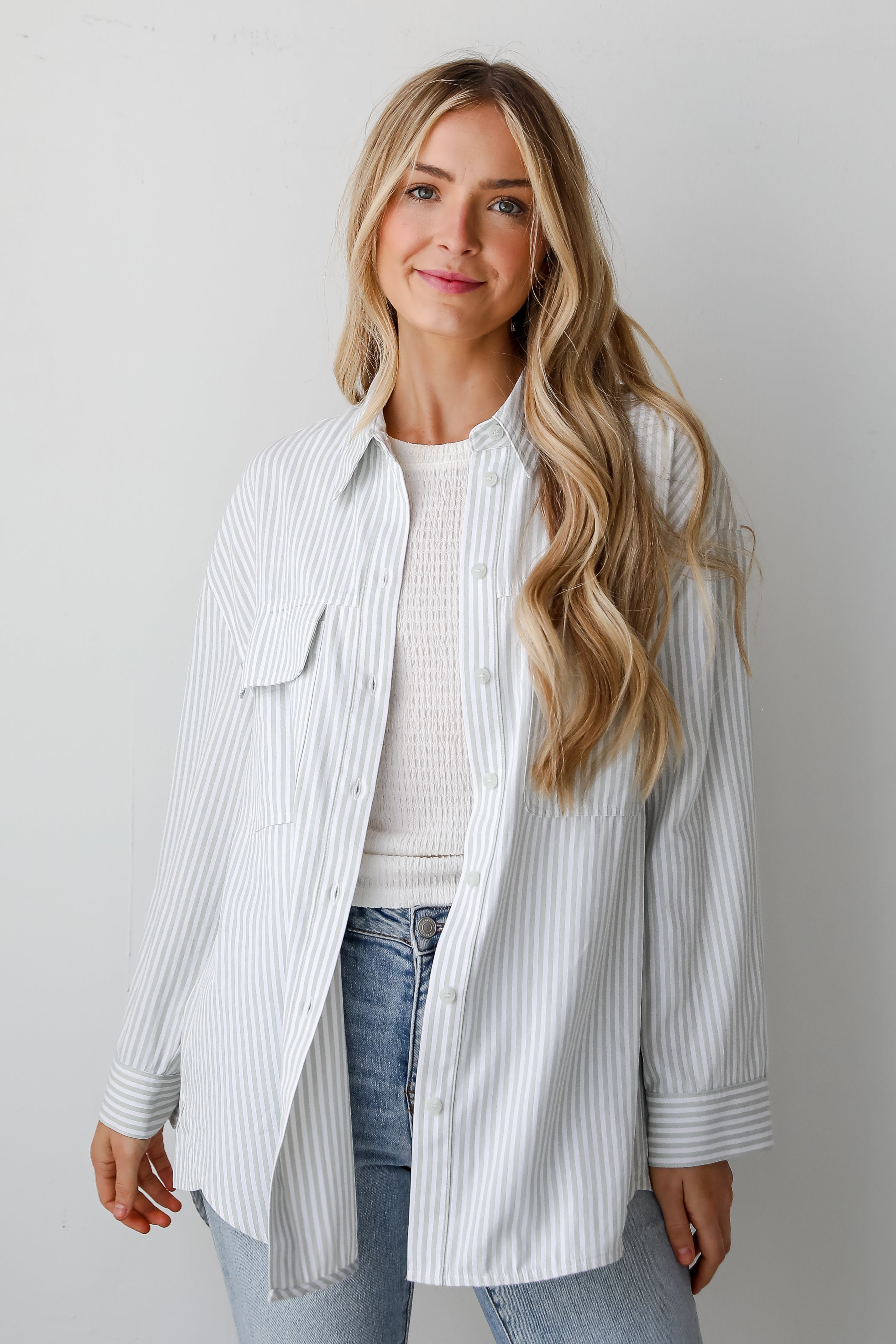 Easygoing Mentality Sage Striped Button Up Blouse for Women | Casual Office & Spring Outfit Essential