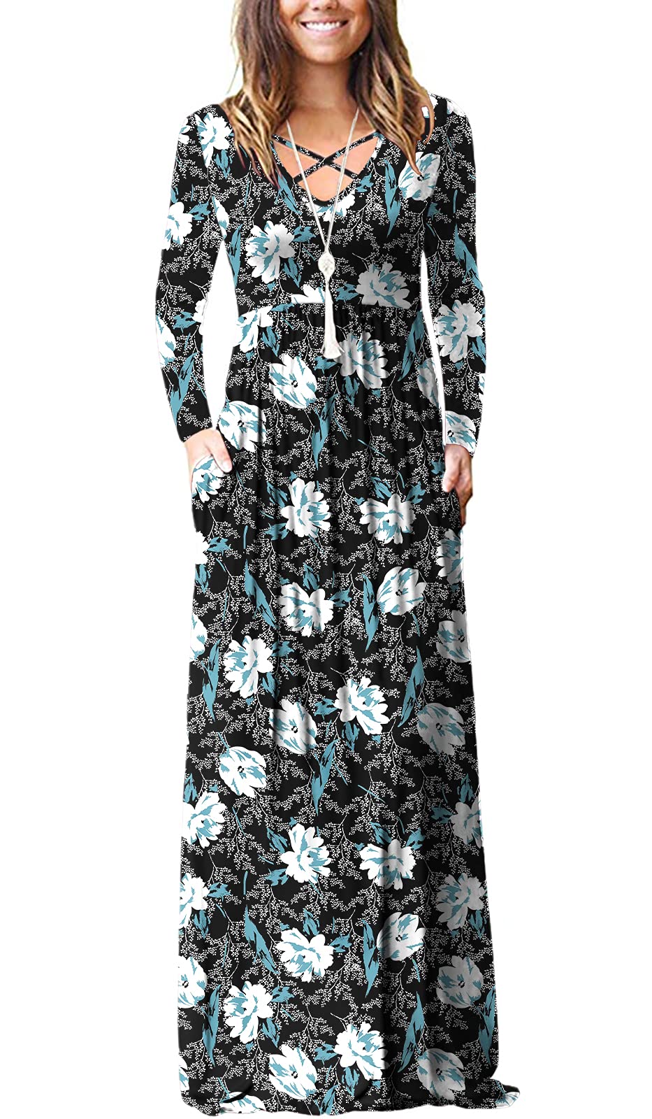 LILBETTER Women's Long Sleeve Maxi Dress - Loose Fit Casual Plain Dress with Pockets | Perfect for Everyday Wear, Beach Cover Up & Vacation Outfits