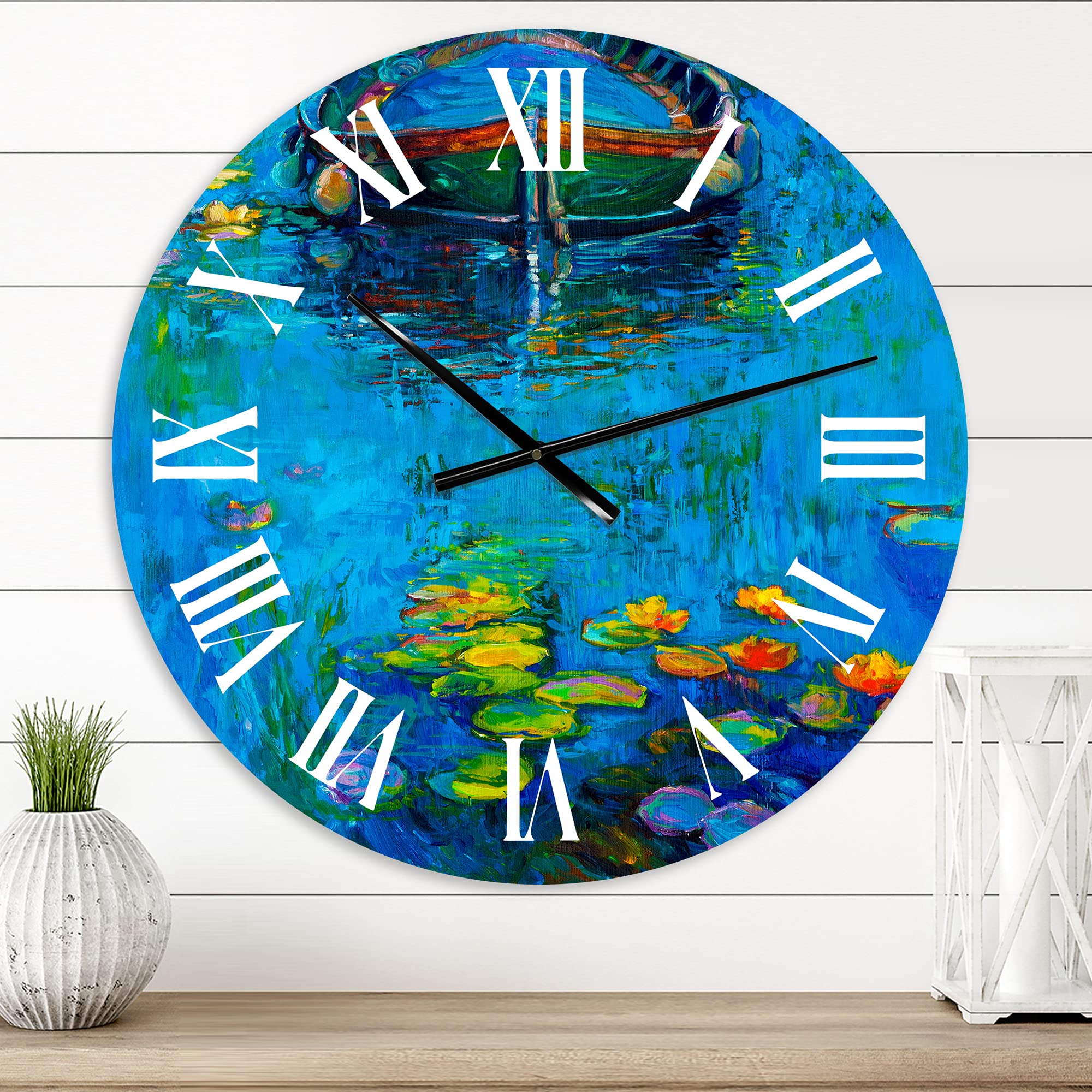 DesignQ Nautical Coastal Wall Clock - 'Boat in Lake' Blue Round Clock for Living Room, Bedroom, Office Decor | Perfect for Beach House, Coastal Theme & Home Décor