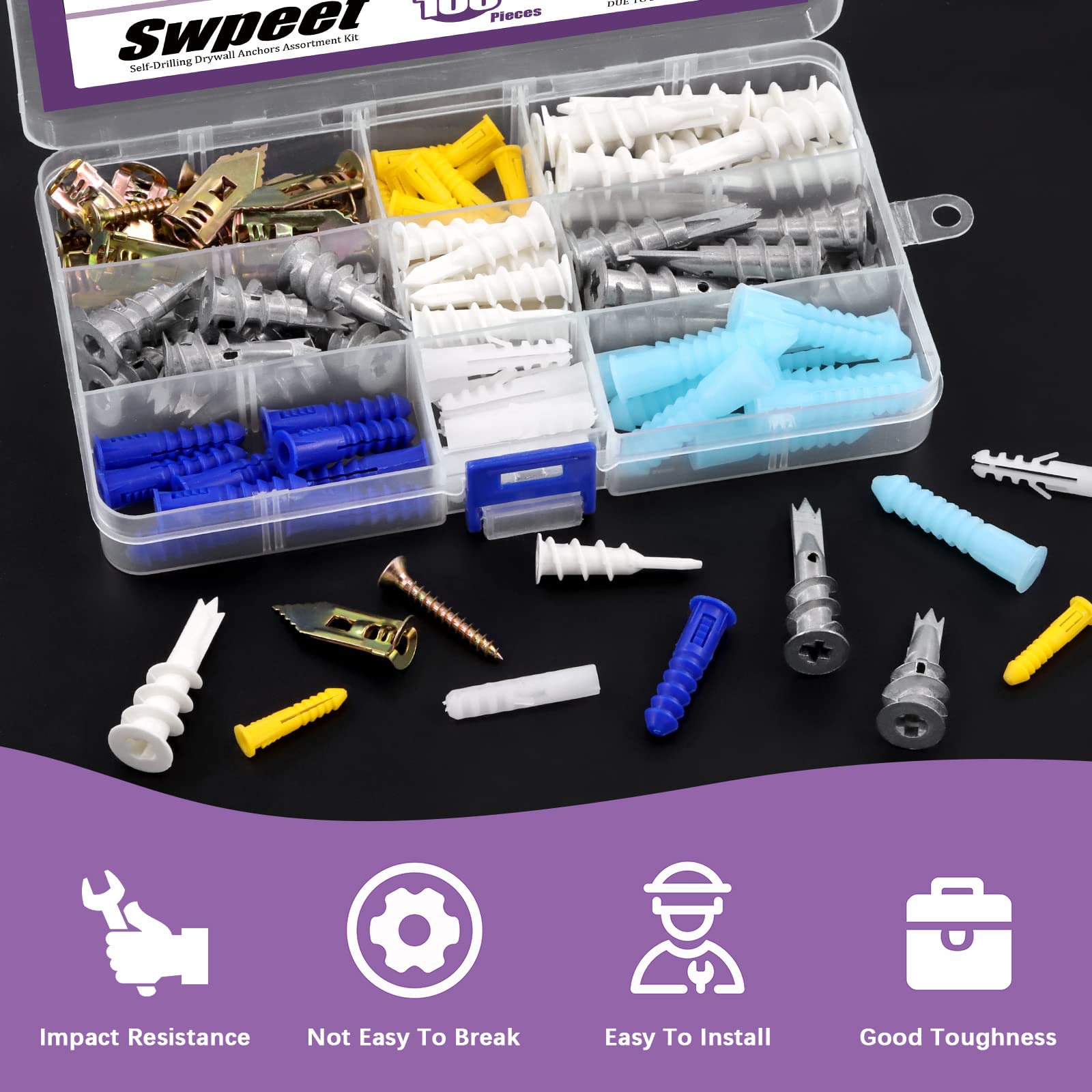 Swpeet 100-Piece 9-Style Plastic Wall Anchor Kit - Self-Drilling Drywall Anchors for Hollow Walls, No Pre-Drill Needed - Perfect for Hanging Pictures, Shelves, and Home Decor