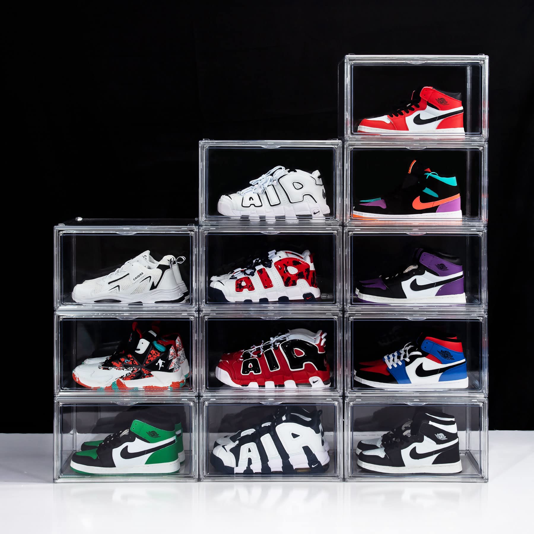 Clear Acrylic Plastic Shoe Boxes - Stackable, Space-Saving Foldable Drop Front Shoe Storage Containers with Lids (Fits Up to Size 15, Crystal Clear) - Perfect for Closet Organization & Sneaker Display