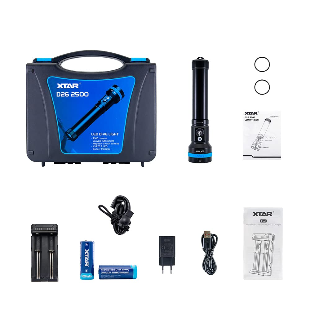XTAR D26 2500 Lumens Professional Scuba Diving Flashlight - Waterproof Underwater Torch for Cave, Wreck & Night Diving (100m Depth Rated) - Perfect for Marine Exploration, Night Fishing & Emergency Use