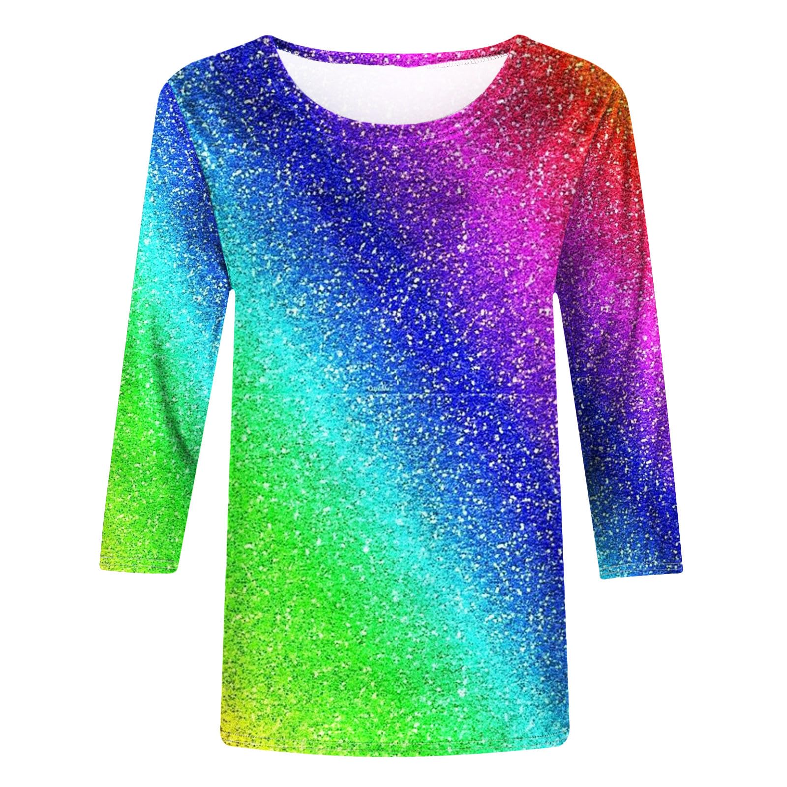 Wodceeke Women's 3/4 Sleeve Rainbow Print T-Shirt - Loose Casual Summer Top, Fashion Blouse for Ladies | Perfect for Beach Outings, Date Nights & Casual Wear